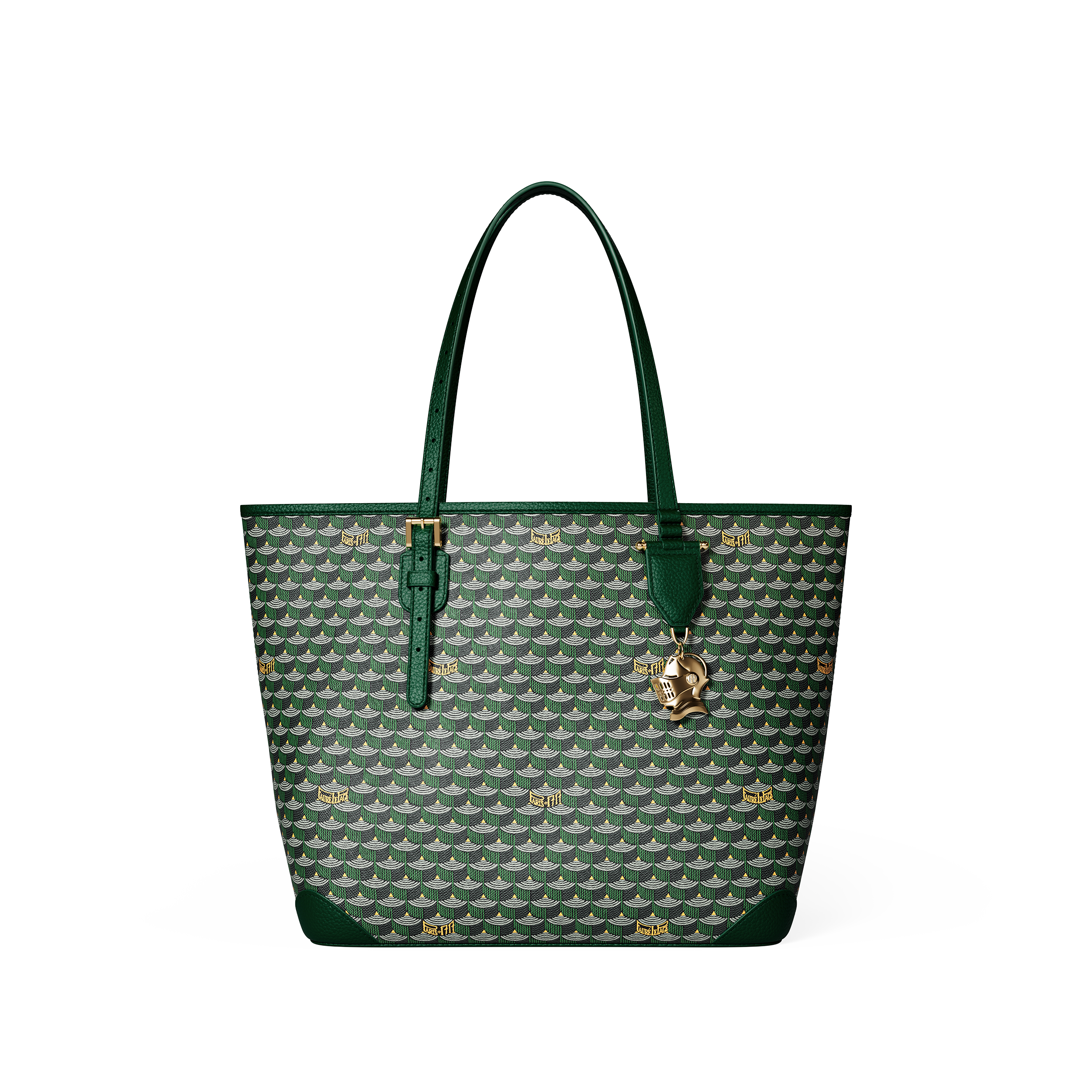 Front render of the Fauré Le Page Daily Battle 35 in green canvas, highlighting the signature scale motif and the “Le Coup de Tête” gold medal charm.