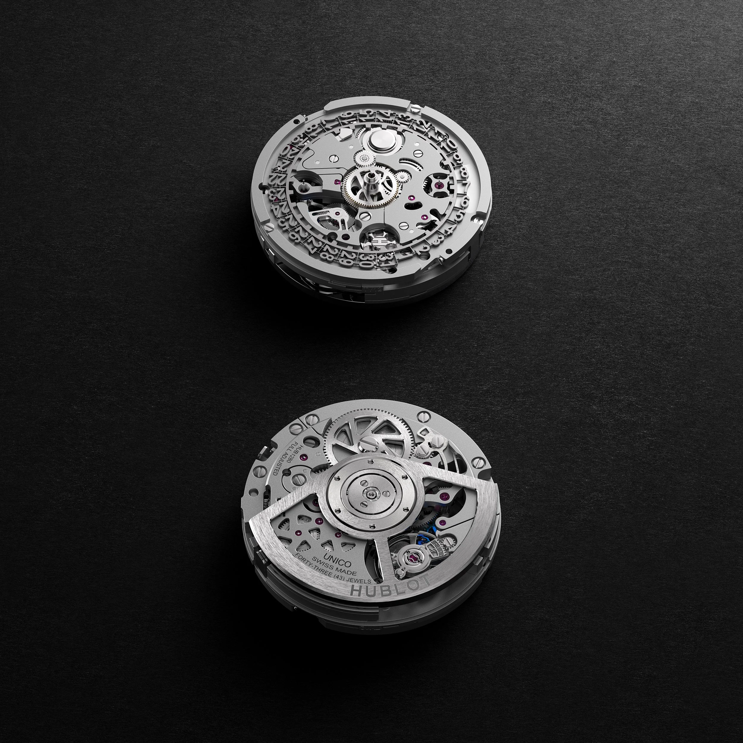 Render of the Hublot UNICO 42 automatic chronograph calibre with column-wheel and 72-hour power reserve.