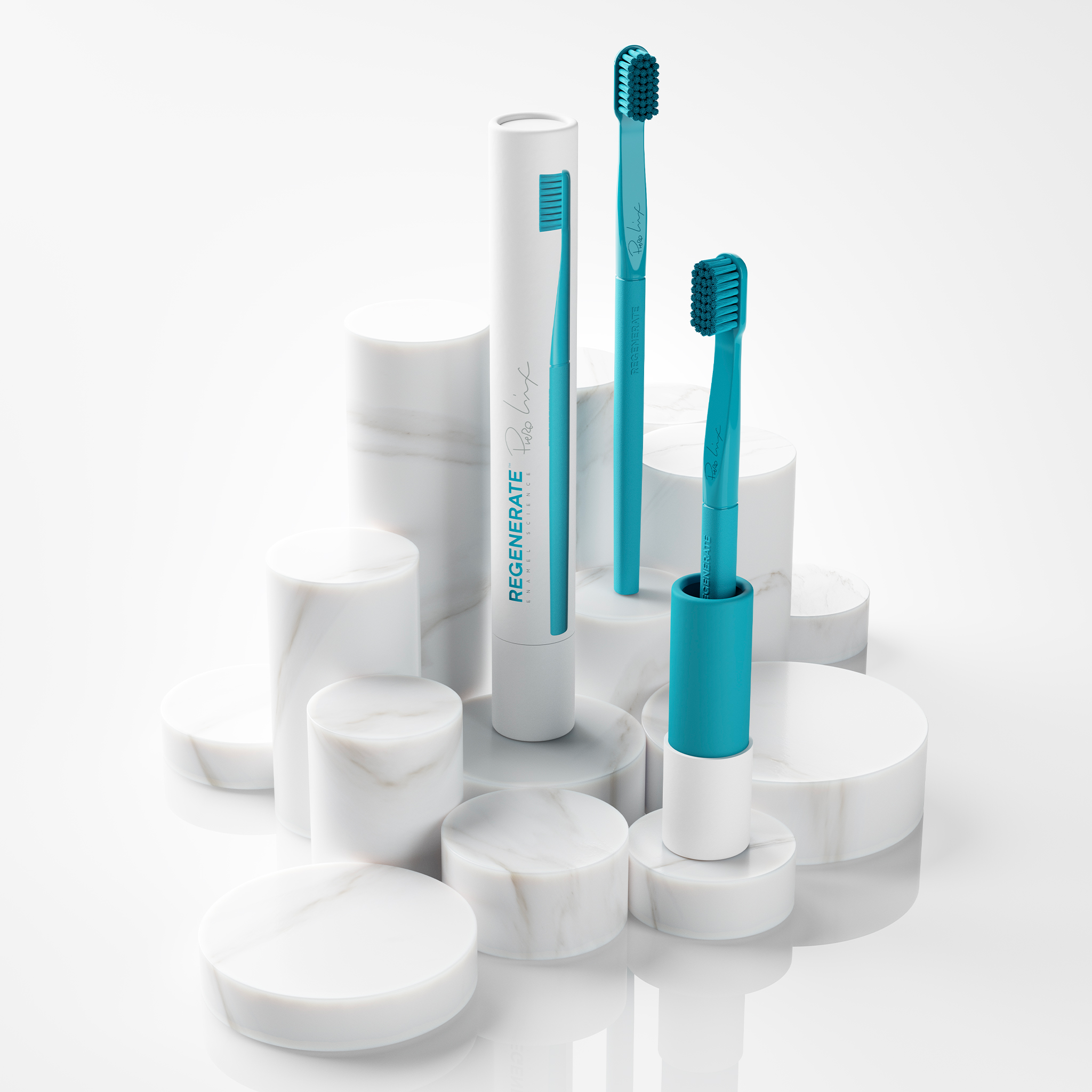 Artistic arrangement of Regenerate Enamel Science toothbrushes among cylindrical marble forms, symbolizing precision, purity, and advanced oral care design.