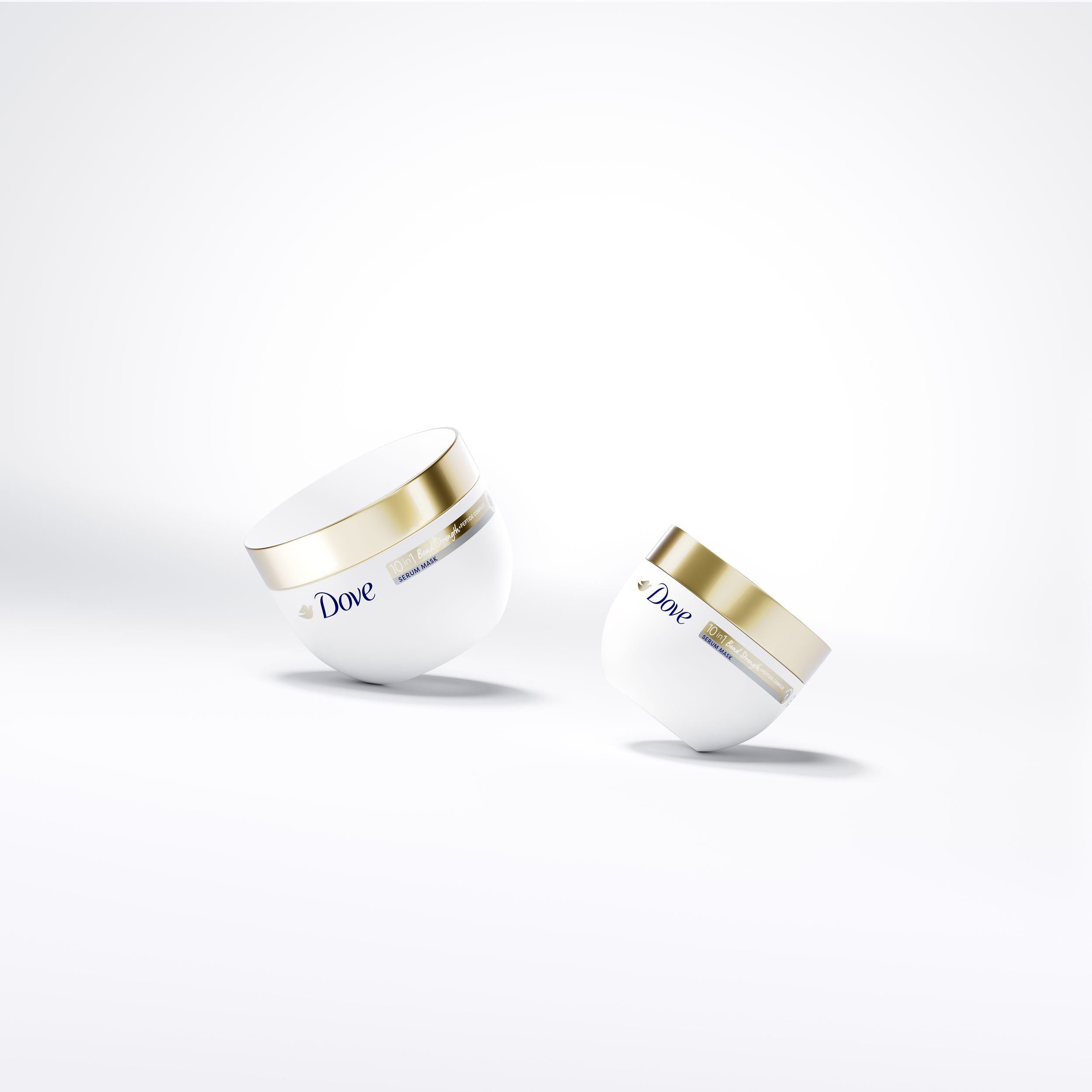CGI composition featuring two Dove Hair Serum Mask jars floating on a clean white background, illustrating balance and lightness.