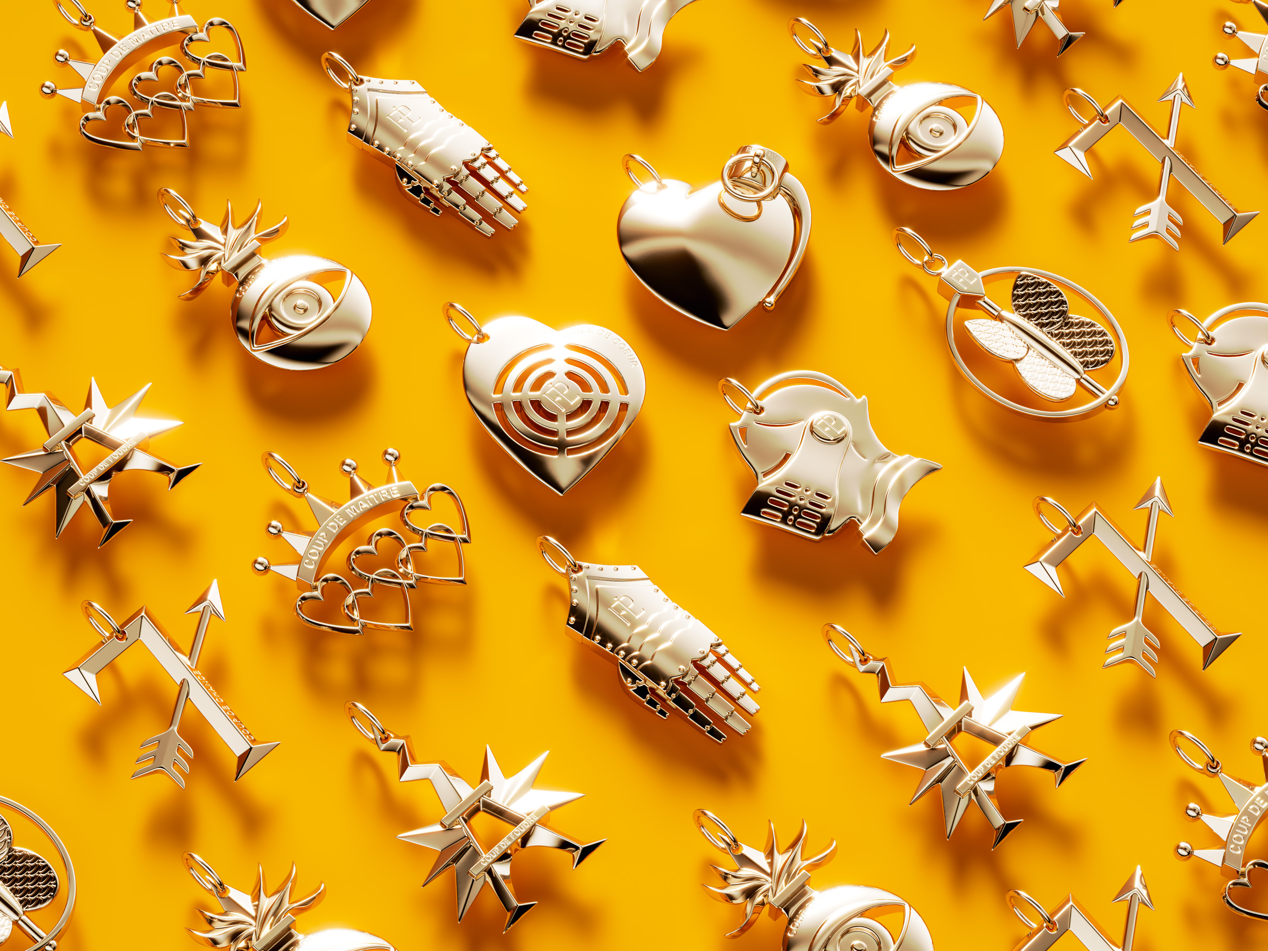 Still life render of Fauré Le Page medals and charms on a yellow surface, showcasing craftsmanship and playful design.