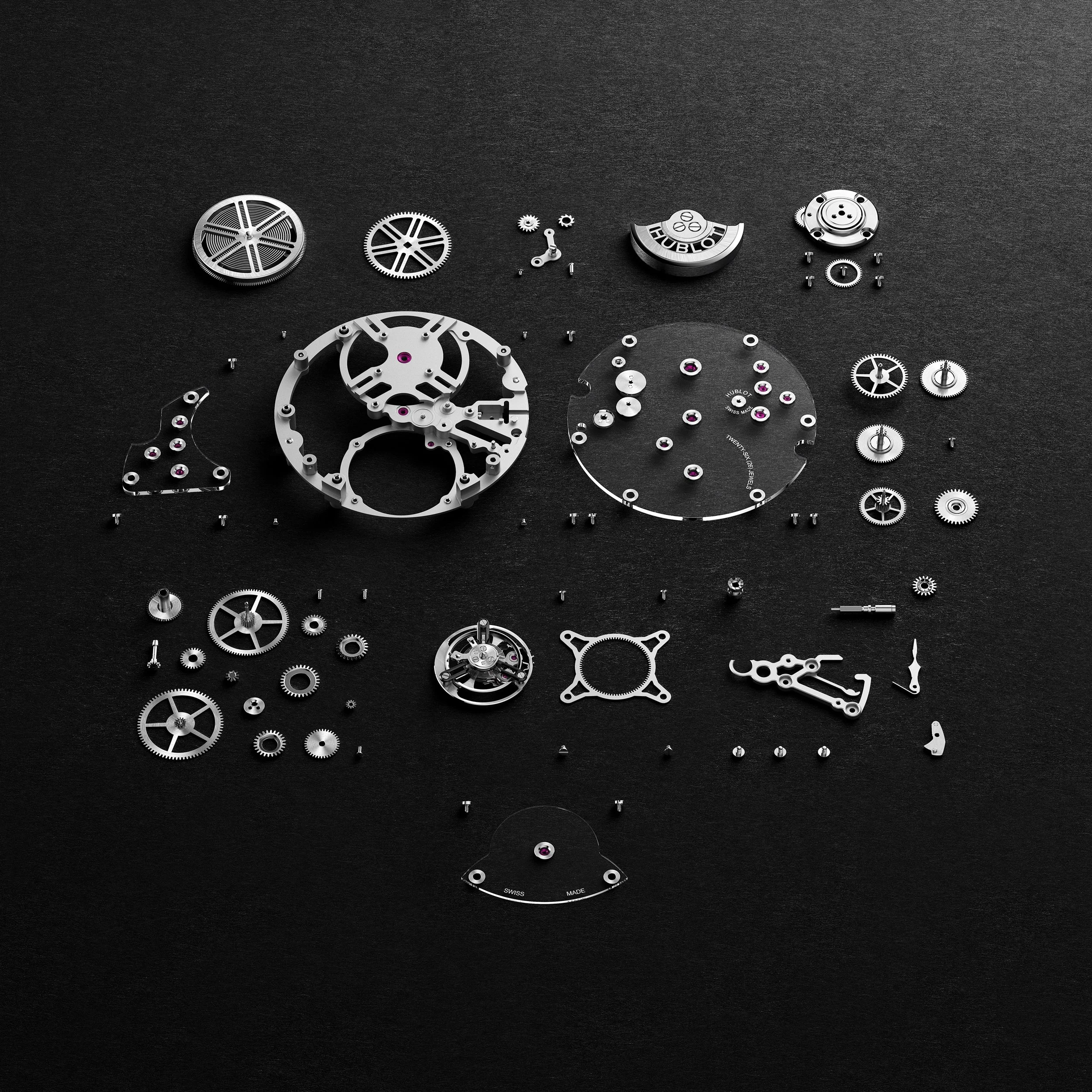 Exploded-view render of the Hublot Tourbillon Automatic calibre showing the micro-rotor and layered mechanism.