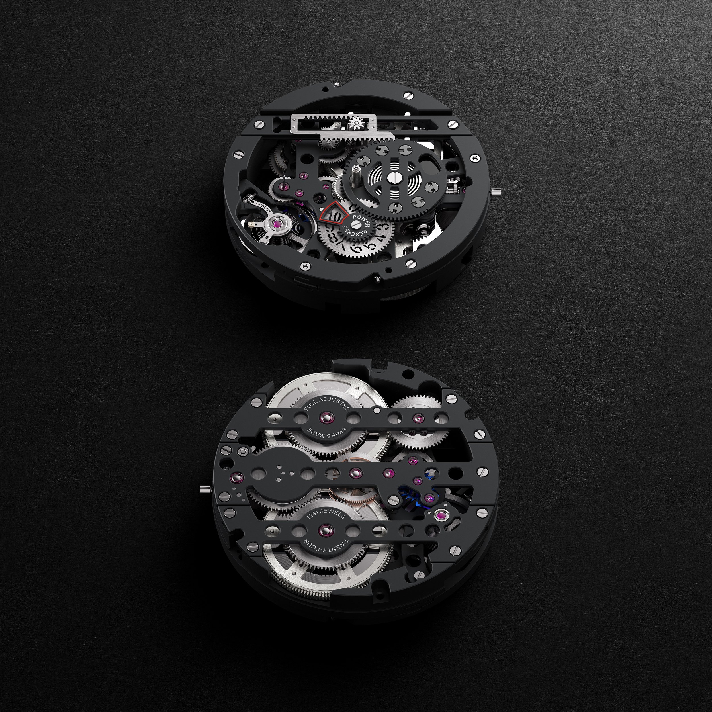 Render of the Hublot MECA-10 calibre with 10-day power reserve and skeletonised manual-winding architecture.