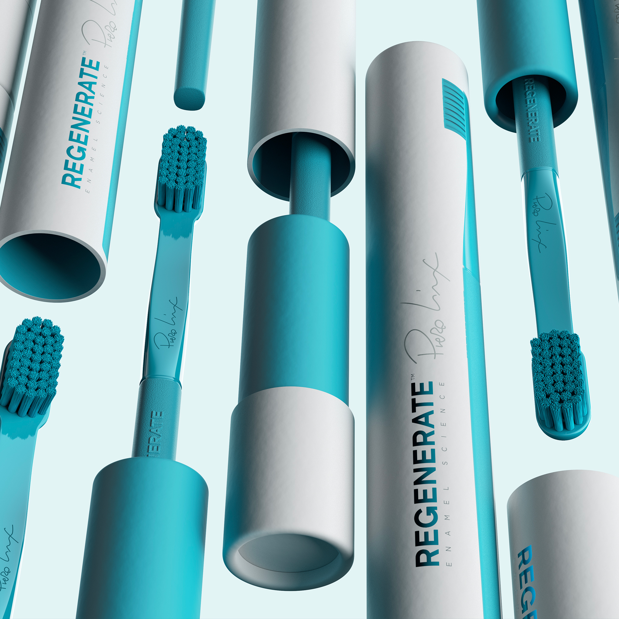 Composition featuring the Regenerate Enamel Science toothbrush inside its cylindrical packaging, emphasizing clean geometry and functional elegance.