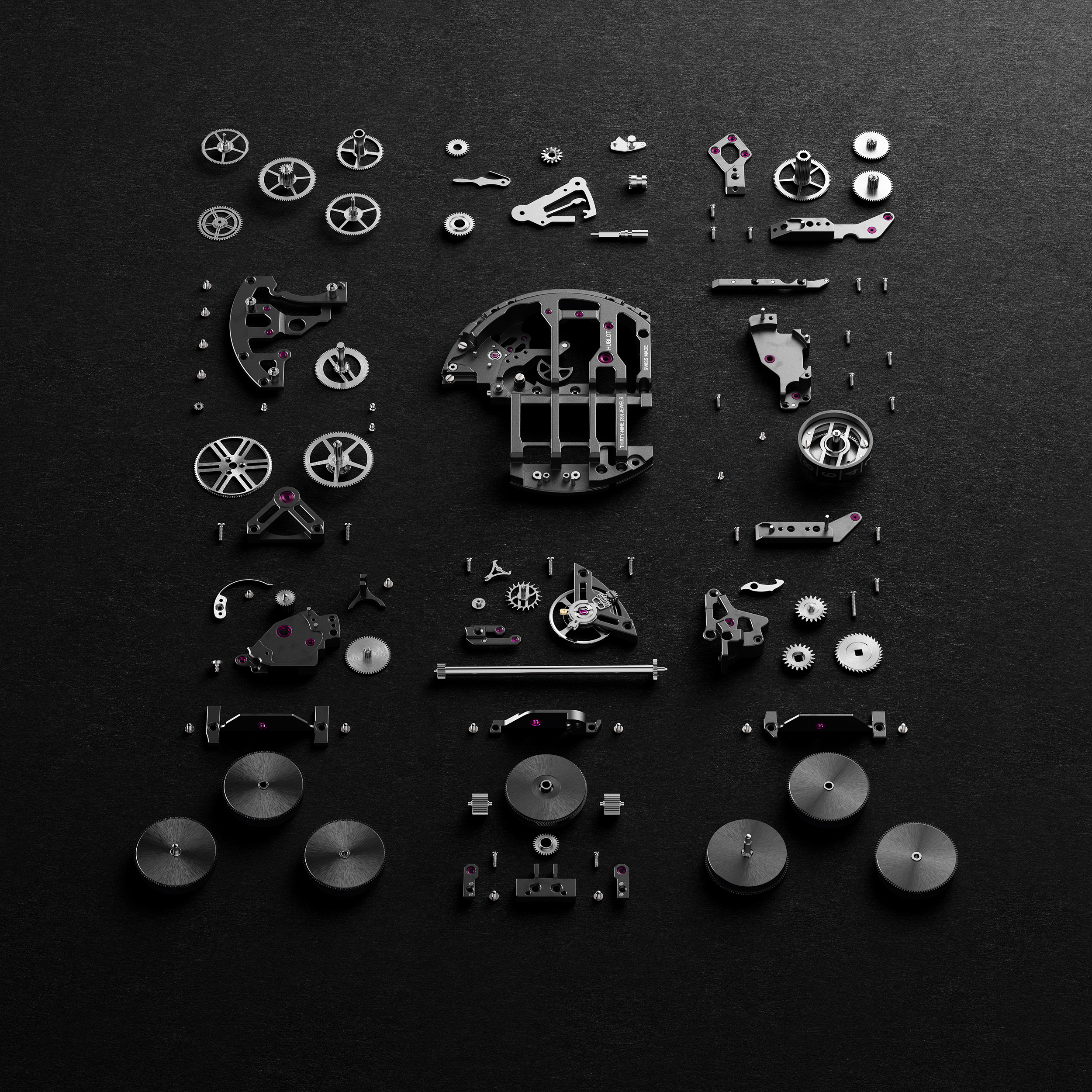 Exploded-view render of the Hublot MP-11 calibre revealing the linear barrel construction and manual-winding mechanism.