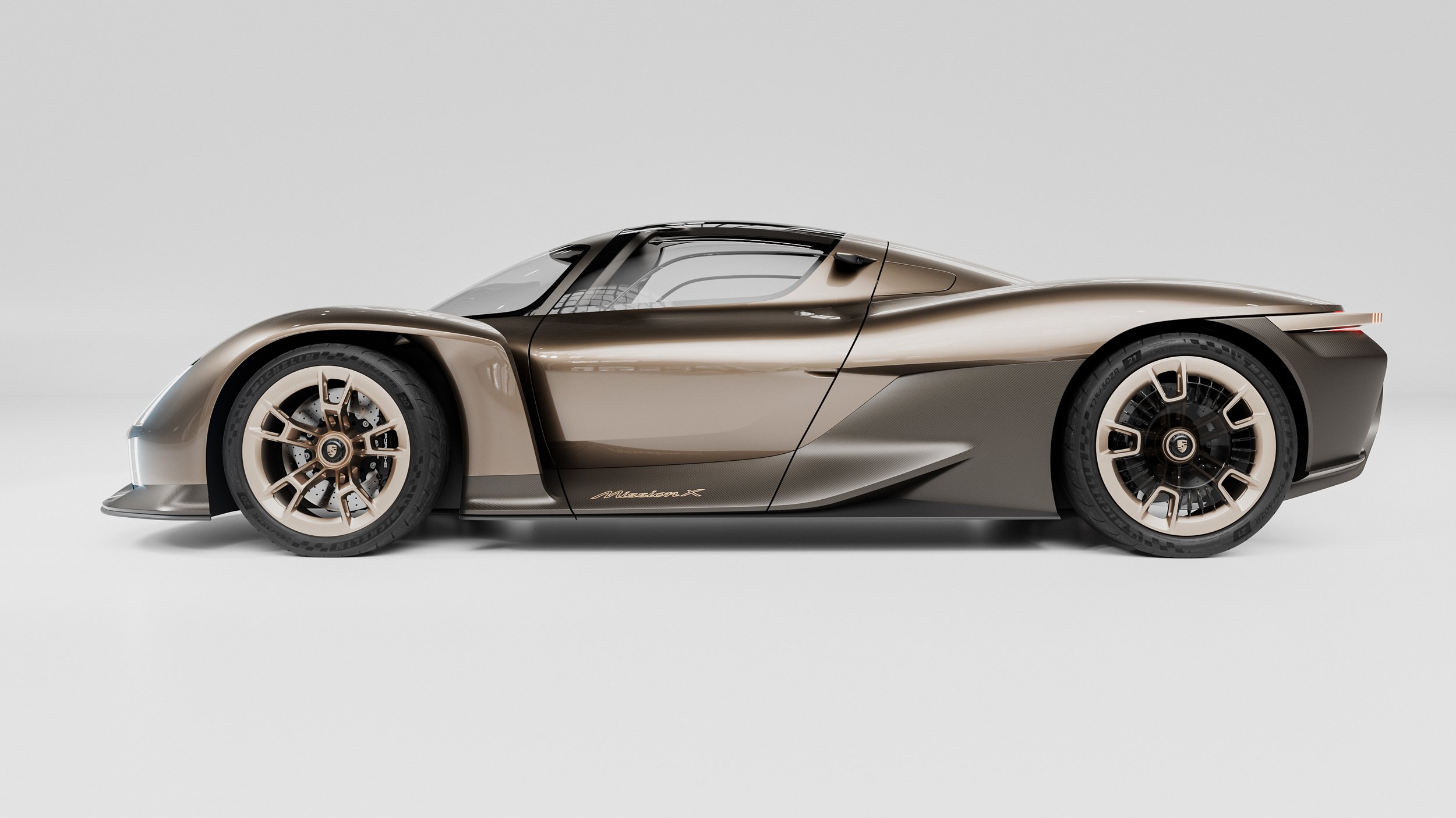 Side CGI profile of the Porsche Mission X, emphasizing silhouette, proportions, and subtle highlights.