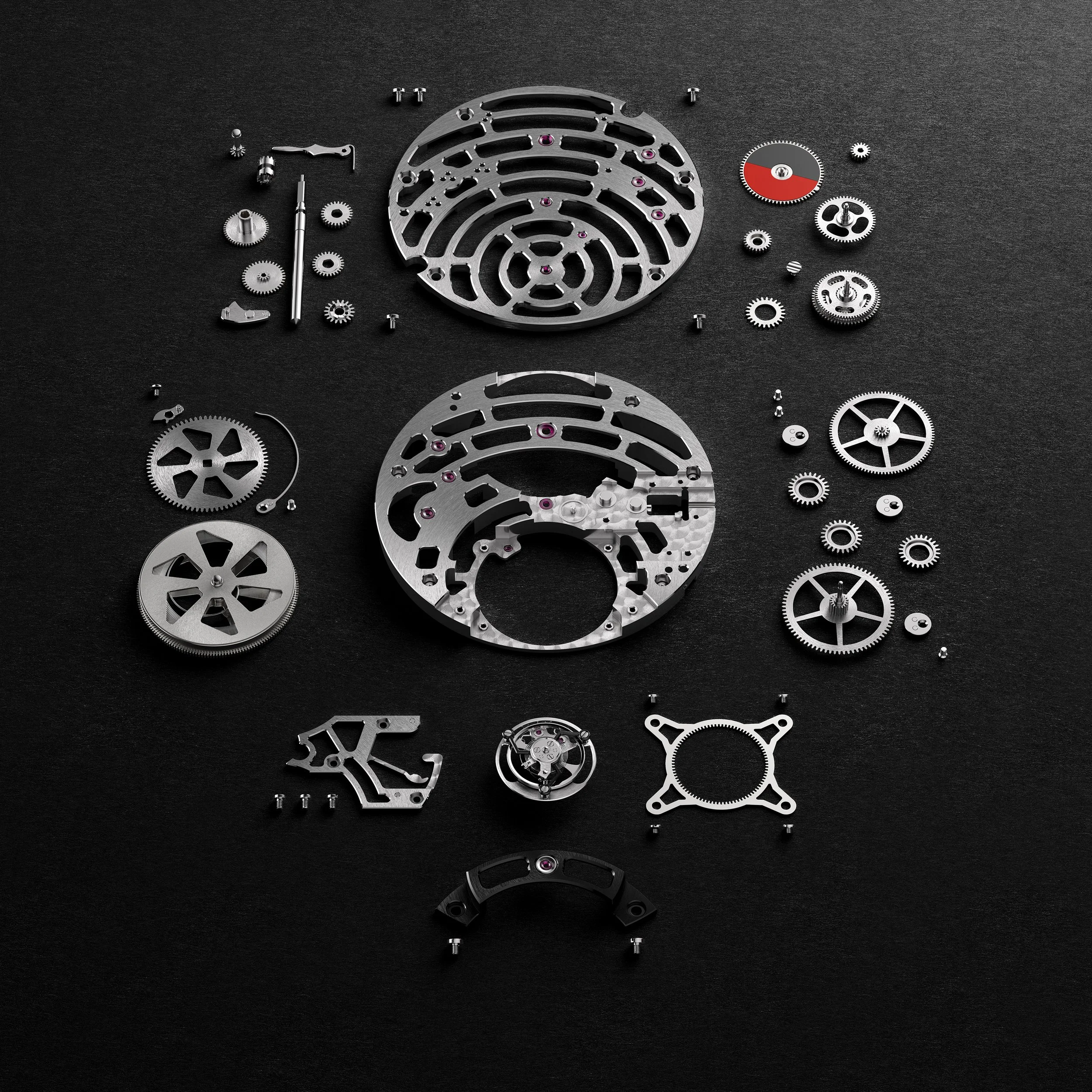 Exploded-view render of the Hublot Tourbillon 5-Day Power Reserve calibre exposing its manual-winding components.