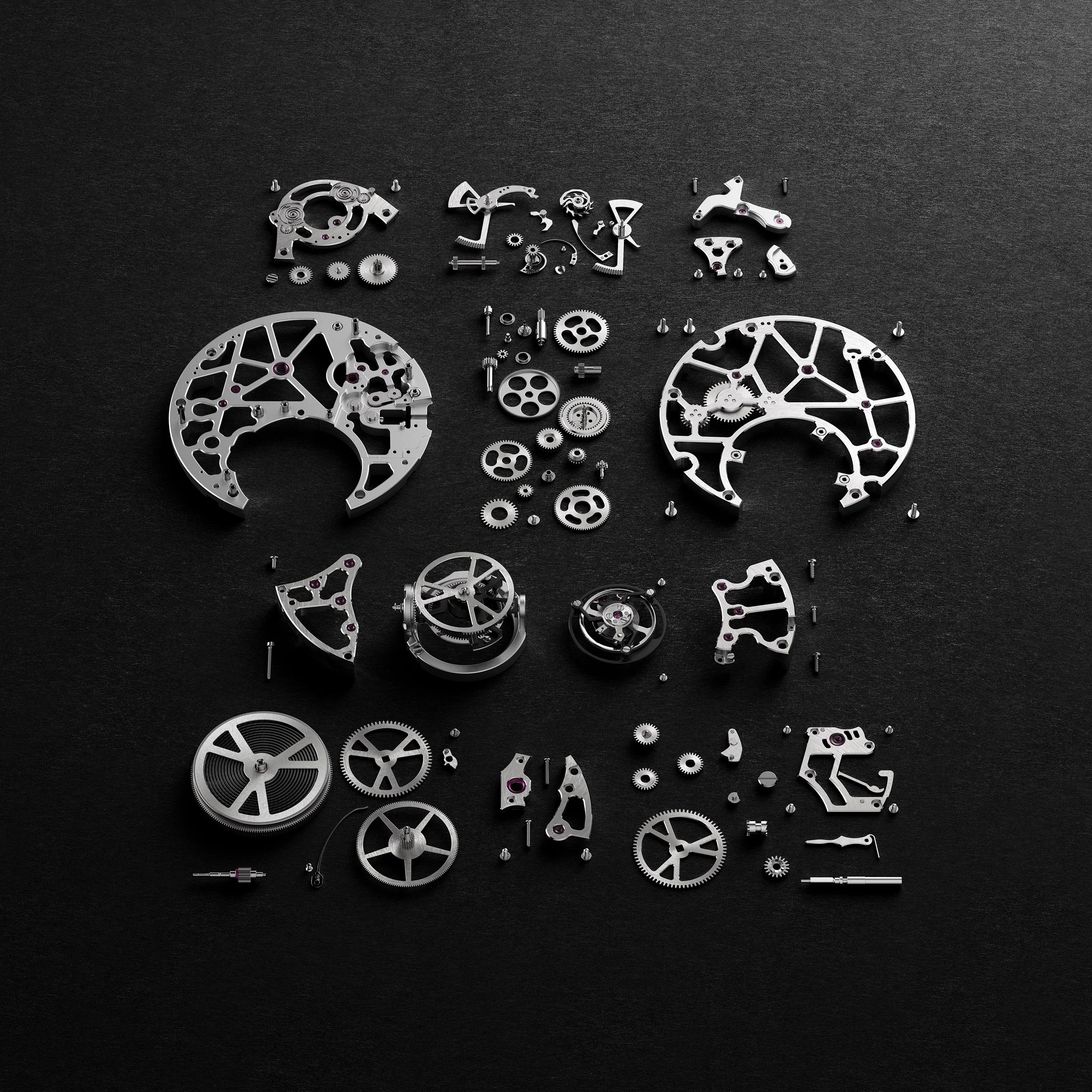 Exploded-view render of the Hublot MP-13 calibre showcasing its Bi-Axis Tourbillon construction and skeleton bridges.