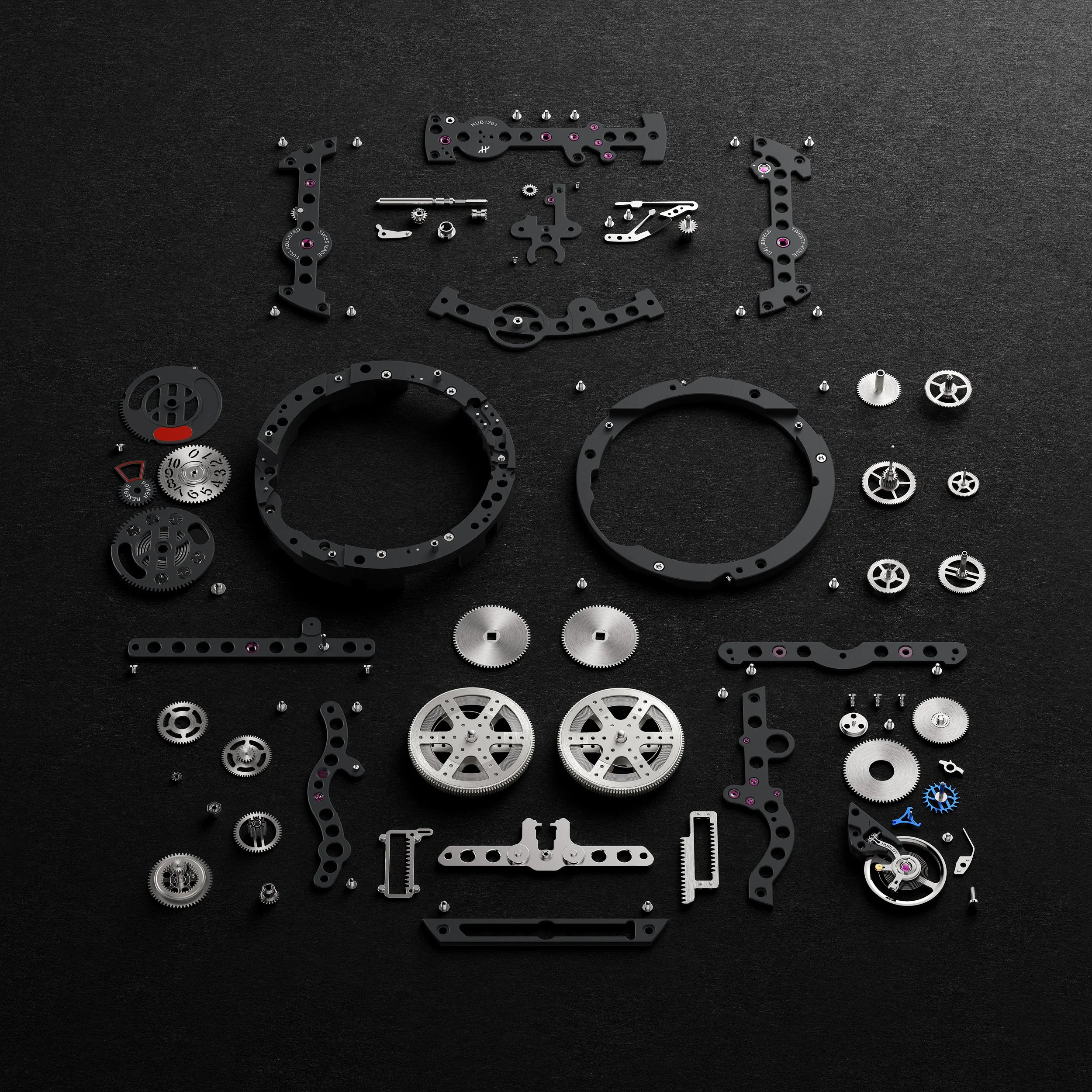 Exploded-view render of the Hublot MECA-10 calibre showing the 10-day power reserve system and gear arrangement.