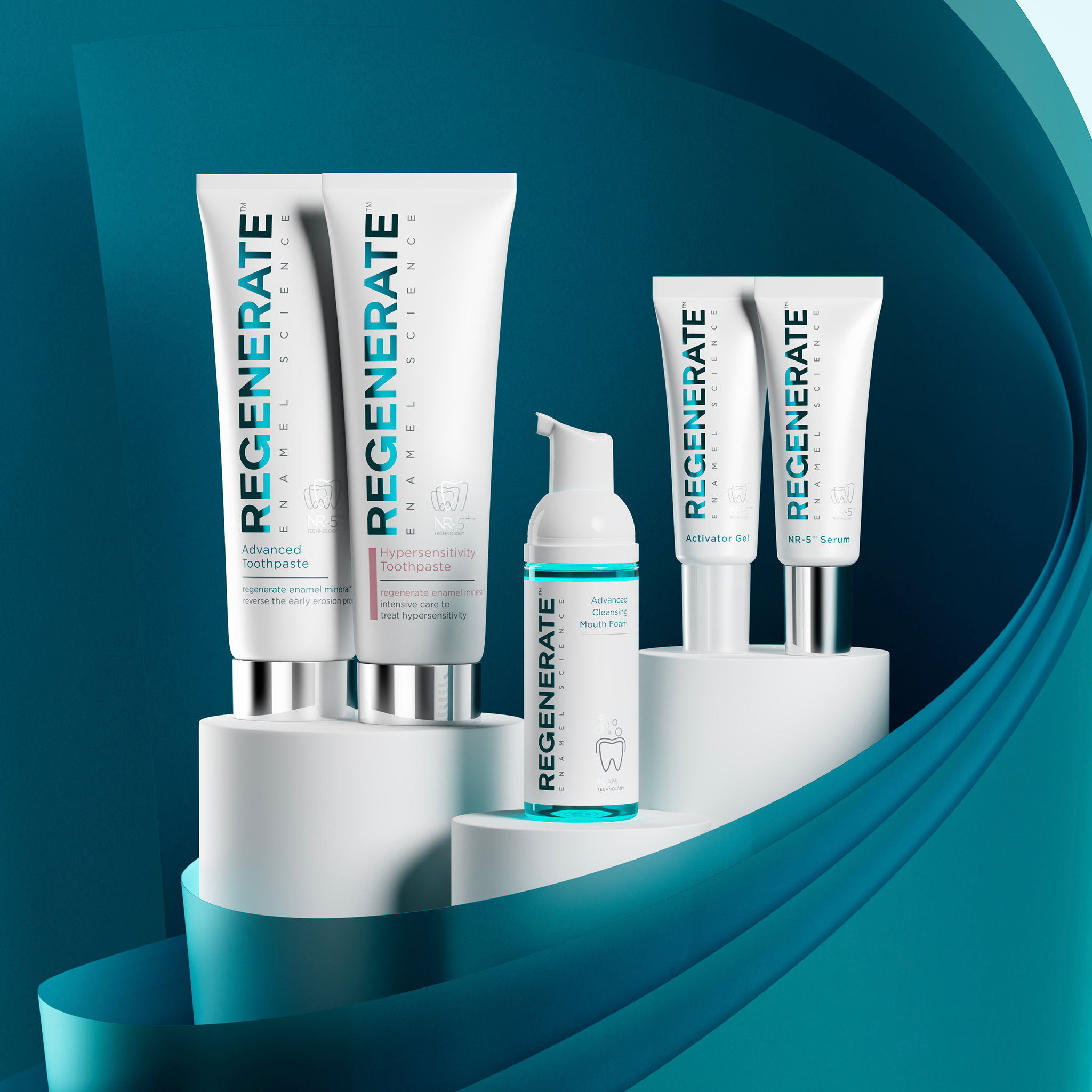 CGI composition of the Regenerate Enamel Science D11 product range, emphasizing scientific design and purity.