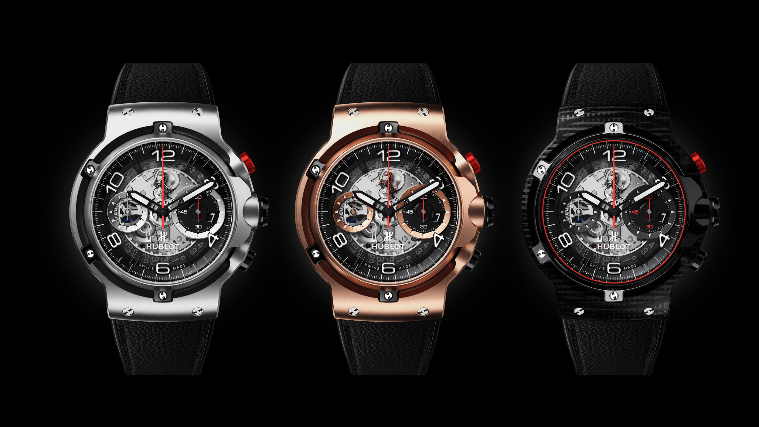 Trio of Hublot Classic Fusion Ferrari watches in Titanium, Carbon, and King Gold editions presented together, showcasing material variations.
