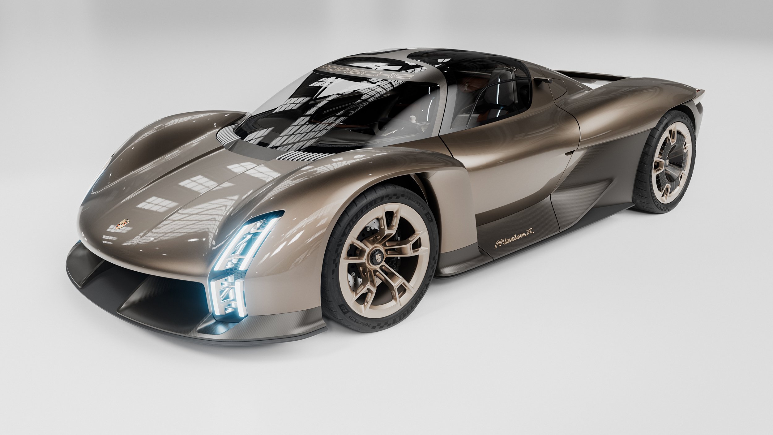 Front three-quarter CGI of the Porsche Mission X highlighting reflections and surface curvature.