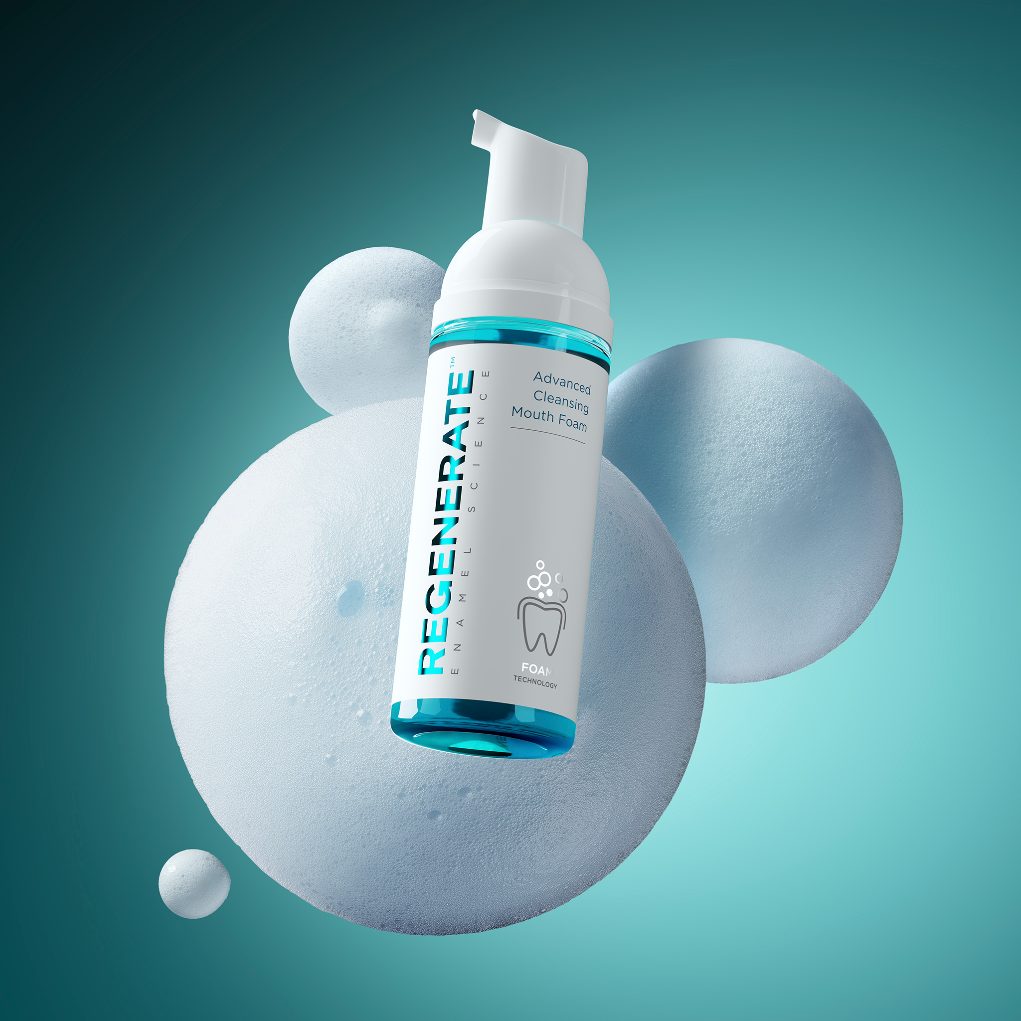 CGI render of the Regenerate Enamel Science mouthwash bottle surrounded by circular foam patterns, symbolizing freshness, purity, and enamel protection.