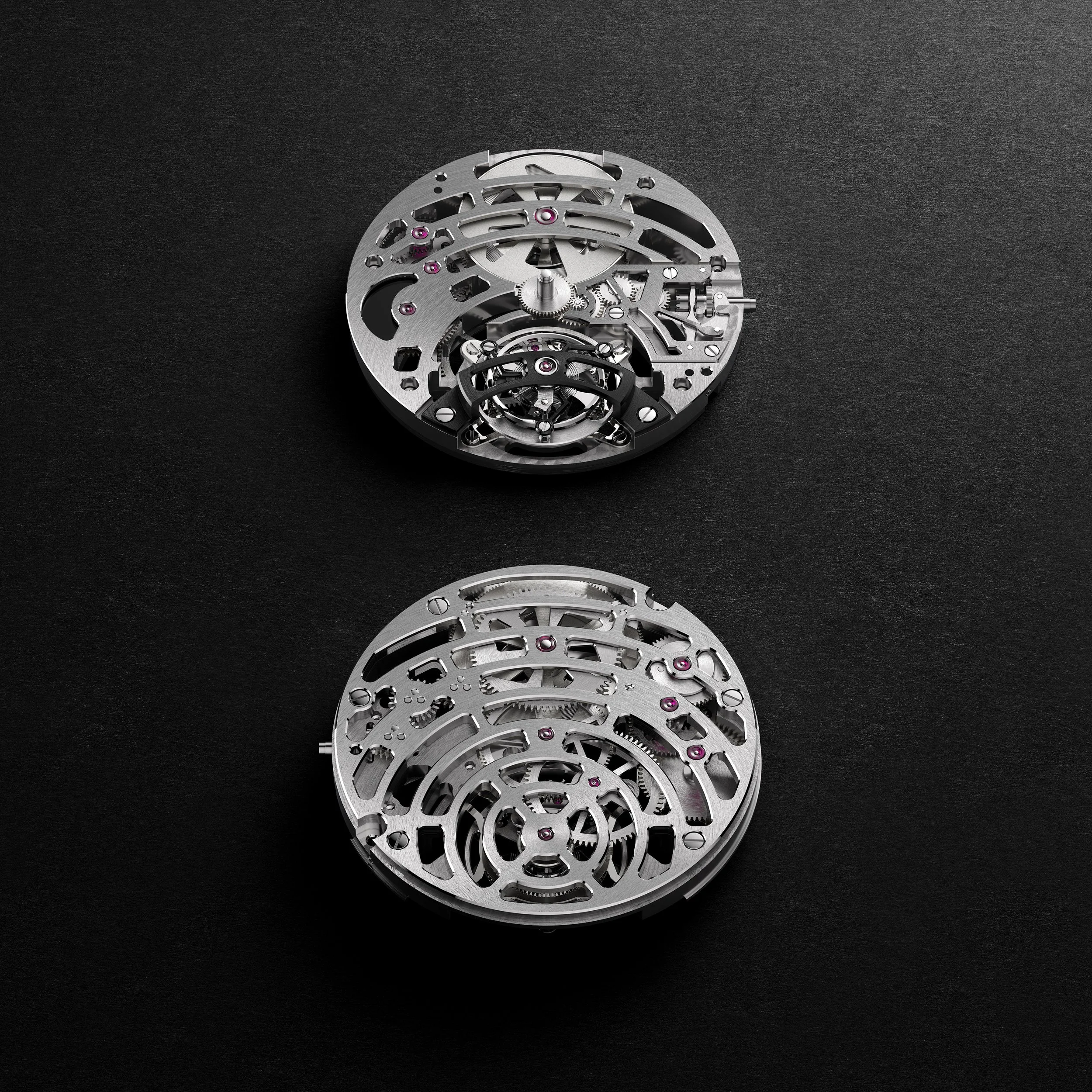 Render of the Hublot Tourbillon 5-Day Power Reserve calibre with skeleton tourbillon movement and five-day display.