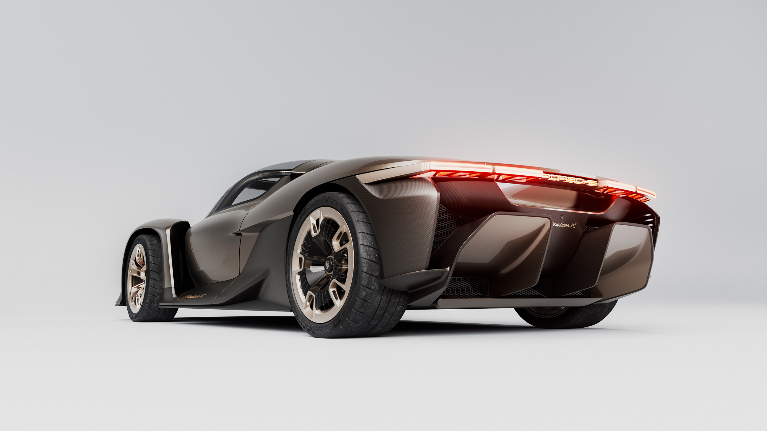 Rear three-quarter CGI of the Porsche Mission X concept car under soft studio lighting.