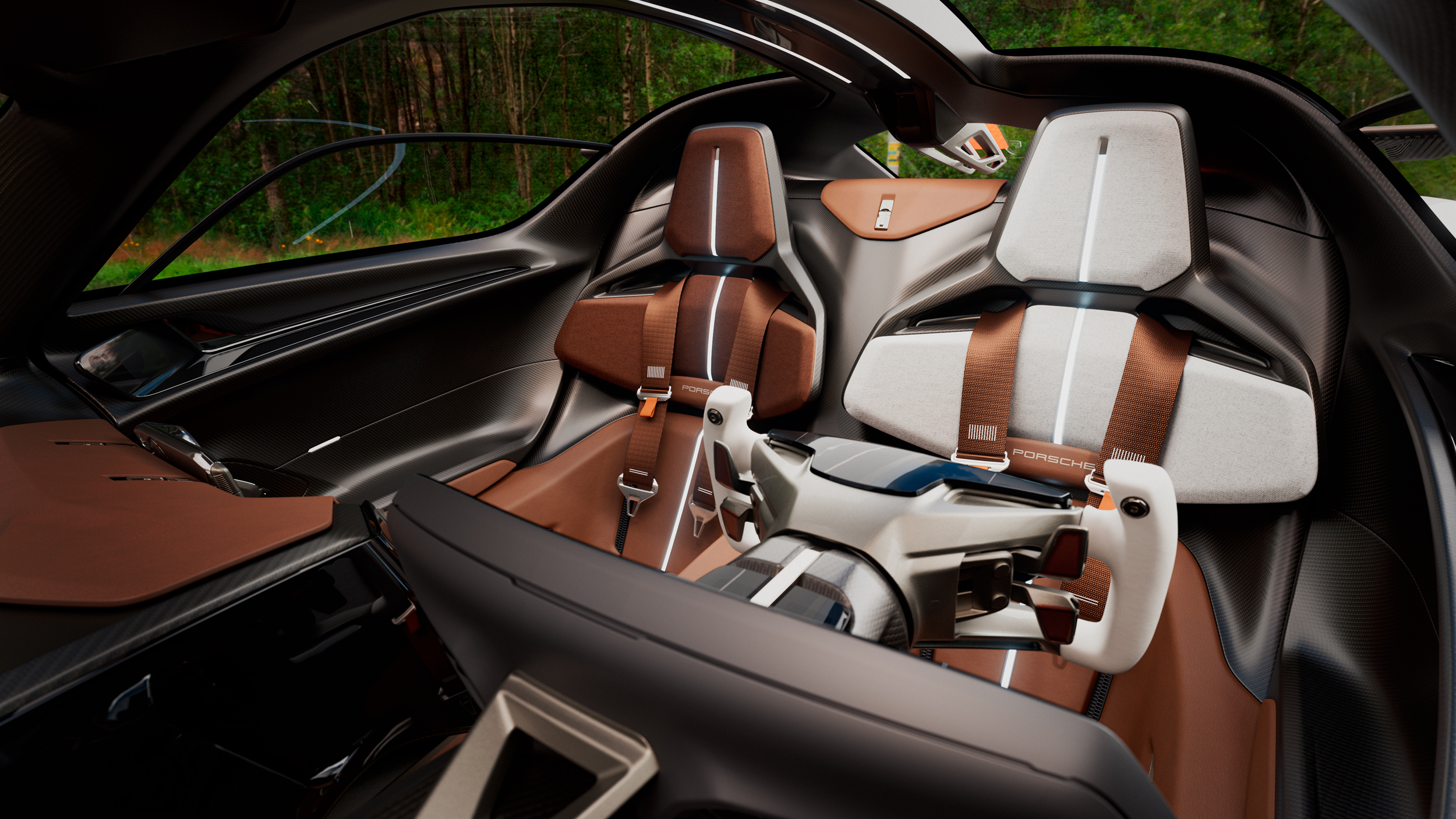 Porsche Mission X driver’s seat interior render, focusing on cockpit design and material detail.