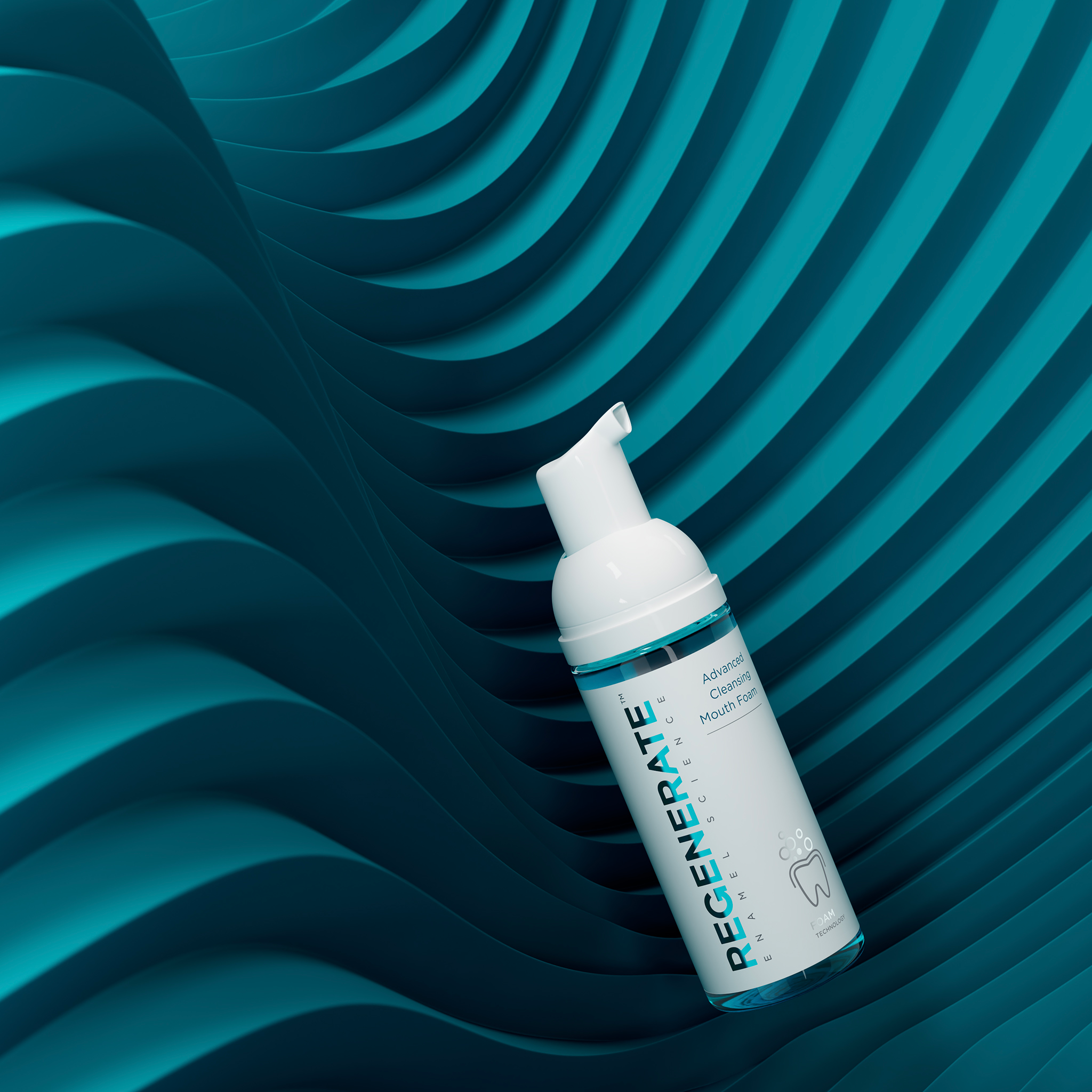 Regenerate Enamel Science mouthwash bottle presented against sculptural blue waves, symbolizing fluidity and precision care.