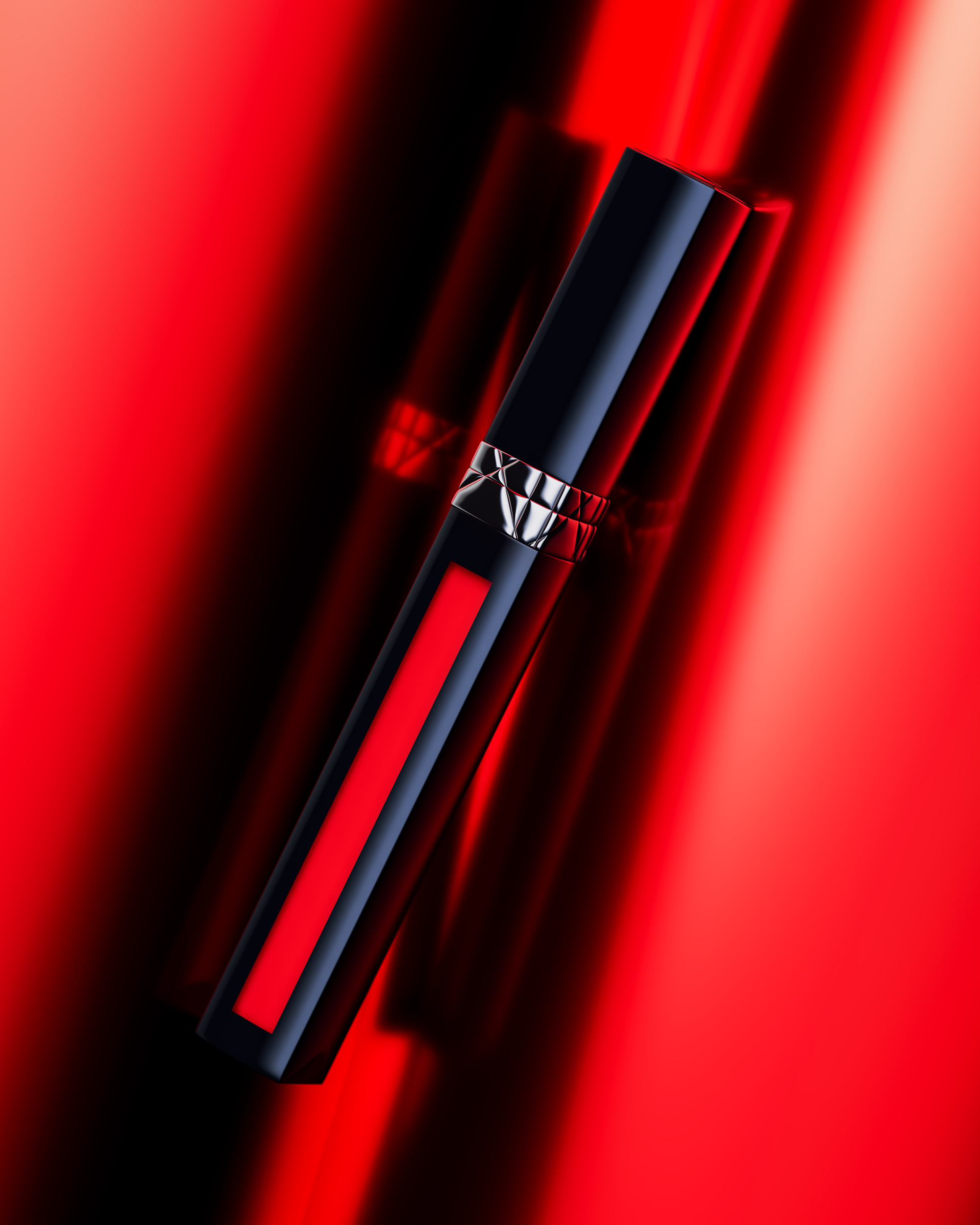 Dior Rouge Liquide Stick displayed on a red reflective surface, emphasizing its graphic design and luminous lacquer finish.