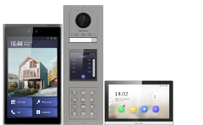 Digital doorbell and smart home control panels with a smartphone in the background.