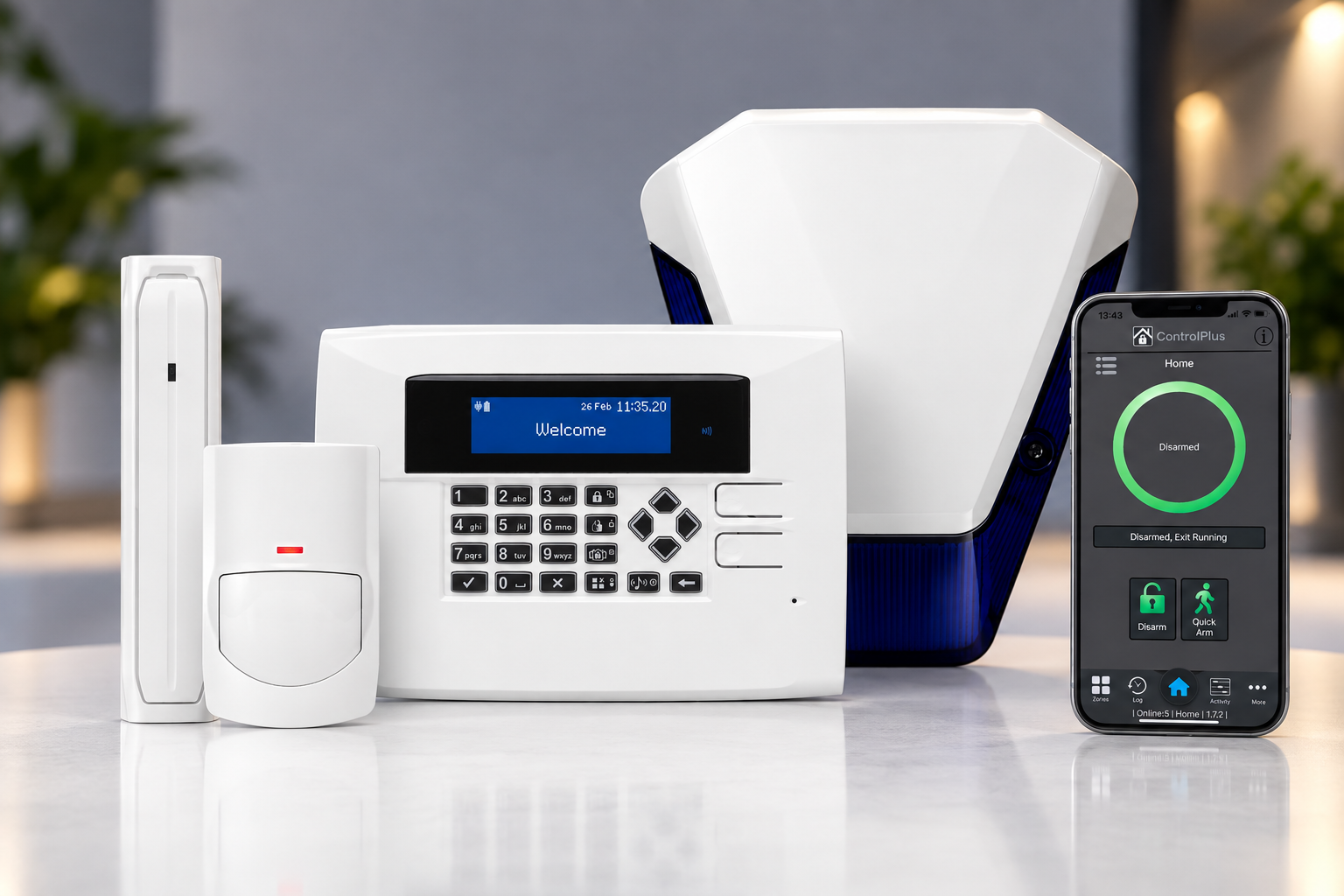 Home security alarm system with control panel, motion detector, and smartphone app displaying alarm disarmed.