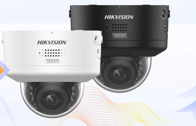 Two Hikvision security cameras, one white and one black, mounted together with a white and blue background.