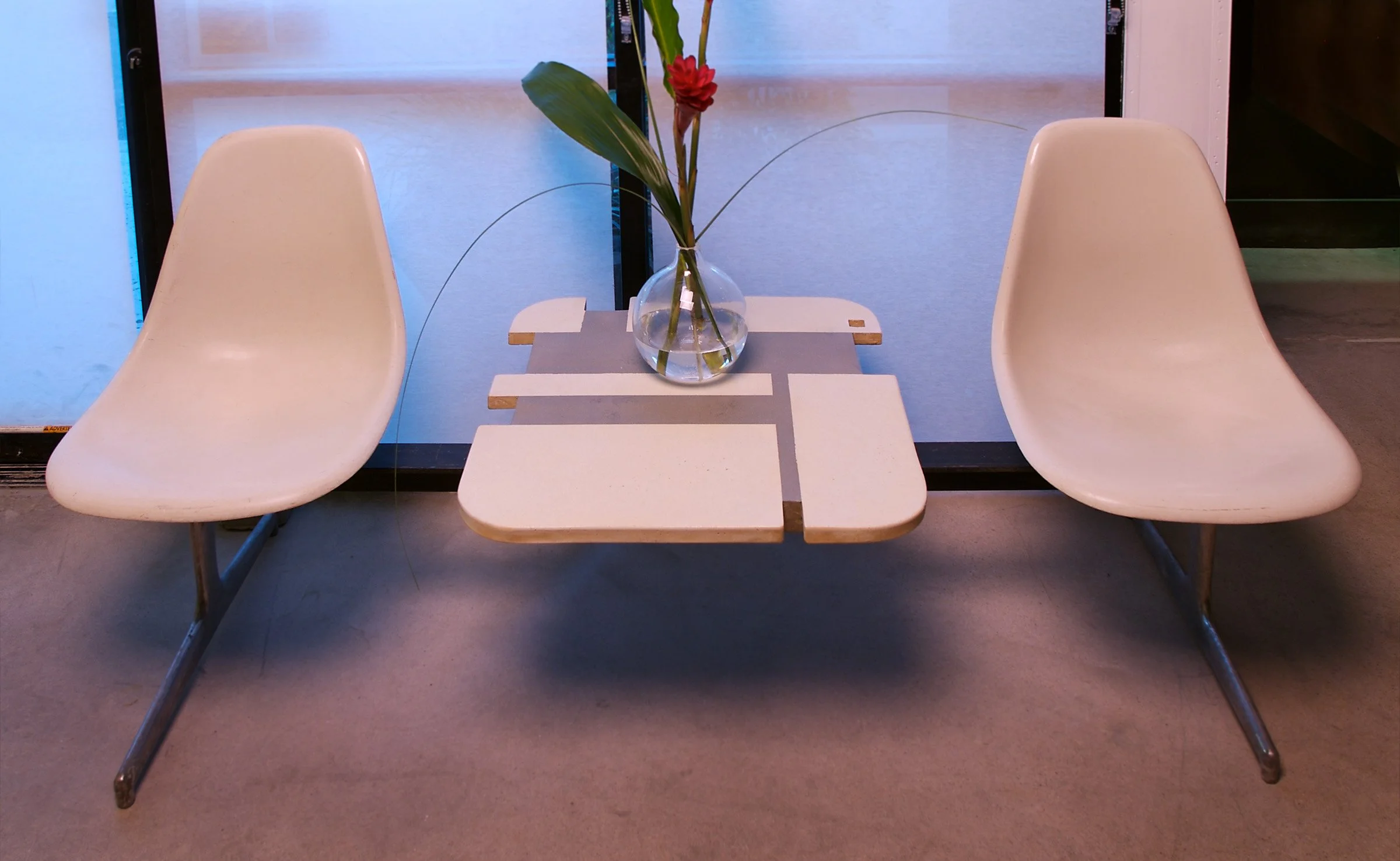 Custom GFRC concrete tabletop for a vintage Eames bench. A creative experiment blending mid-century modern design with handcrafted concrete.