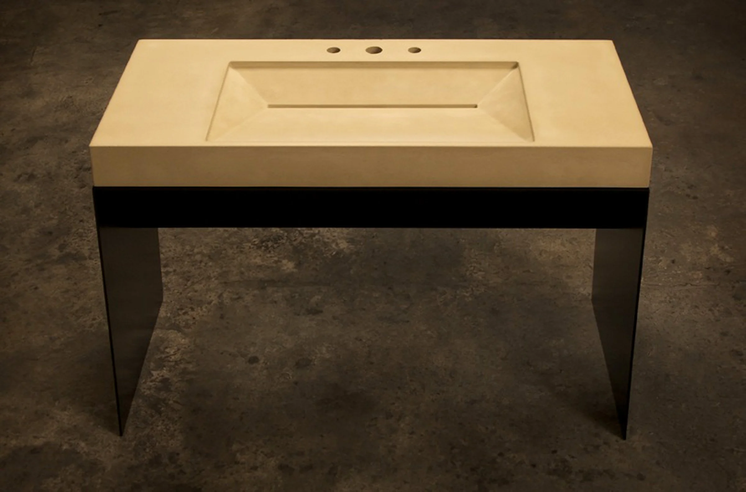Luxury concrete ramp sink from the Hard Goods Collection. Handcrafted in the USA from GFRC concrete with catalyzed clear coat steel base for lasting durability.