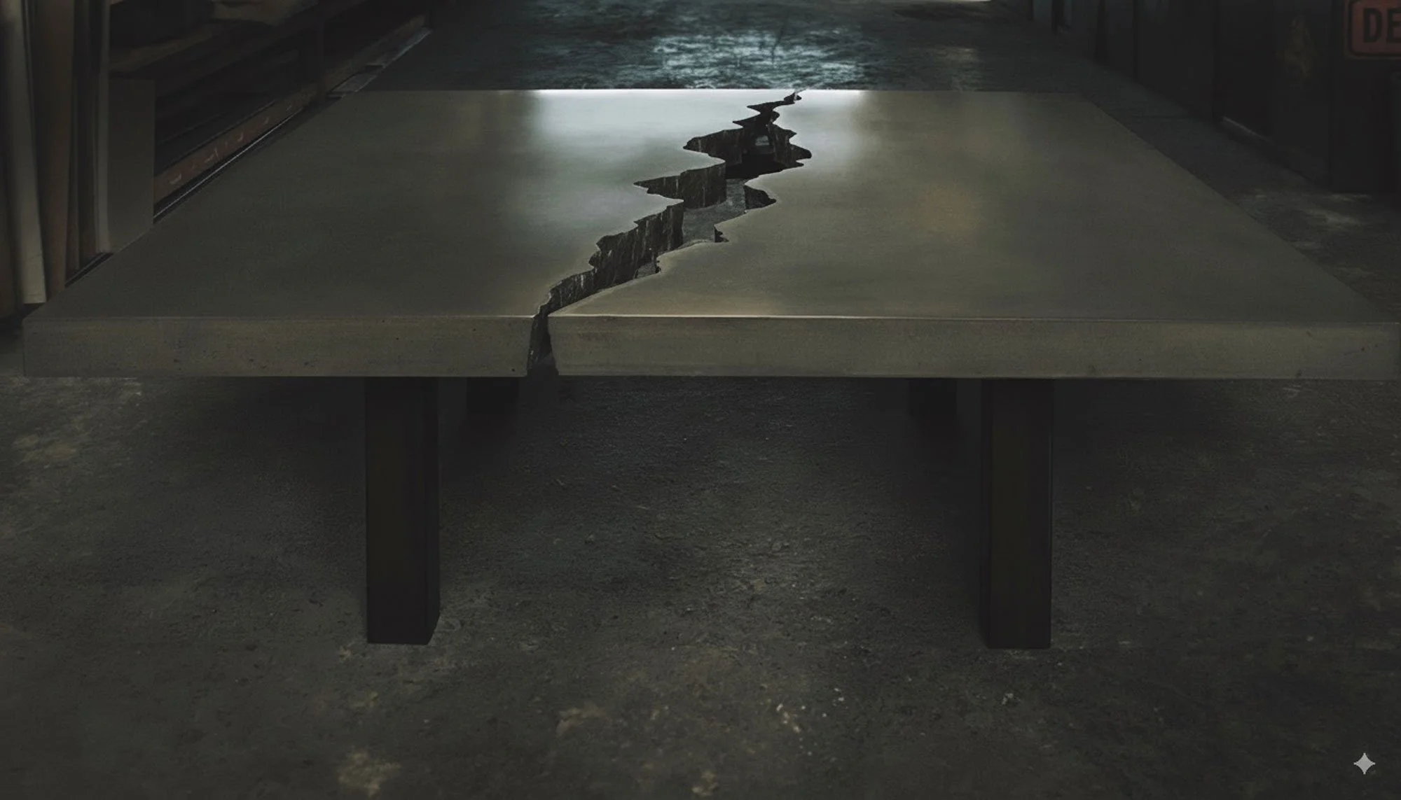 Custom fractured concrete dining table with 6-inch thick top and steel base. Made in UHPC slate concrete for Design Within Reach outdoor collection.