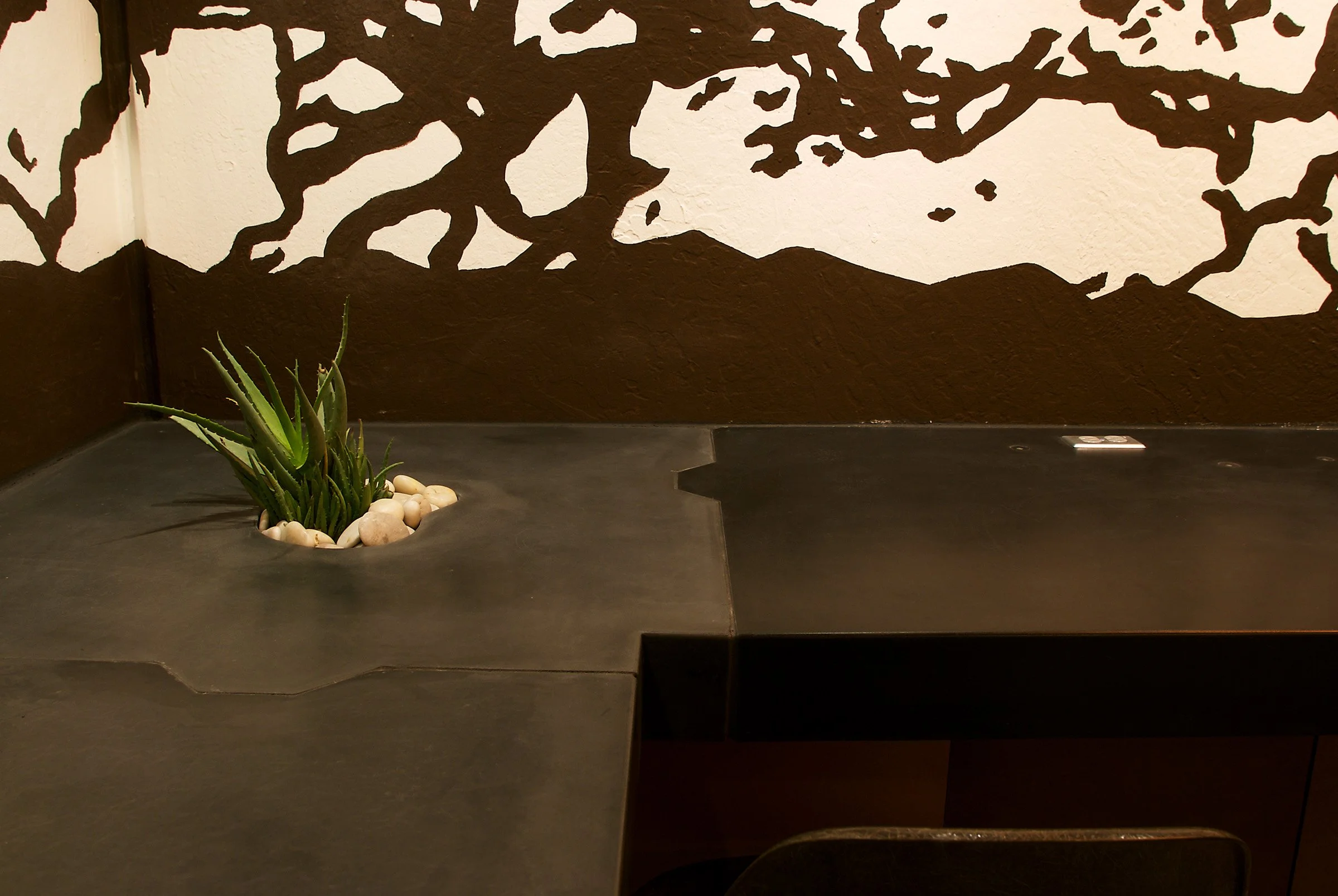 Studio concrete countertops with experimental seam layout and color variation