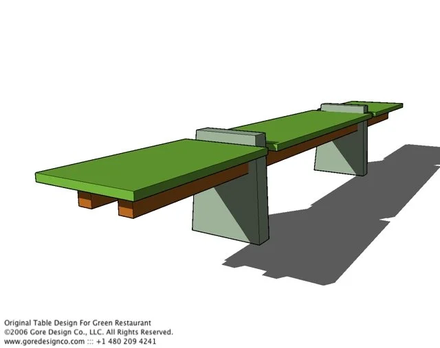 Sketchup drawing of a custom concrete and wood dining table design for a restaurant
