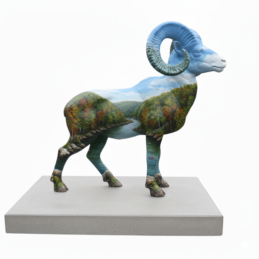 Art sculpture of a ram with landscape painting of trees and a river inside its body.