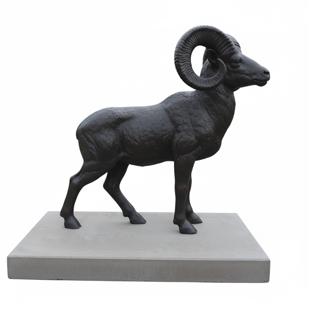 A black sculpture of a bighorn sheep on a rectangular gray base.