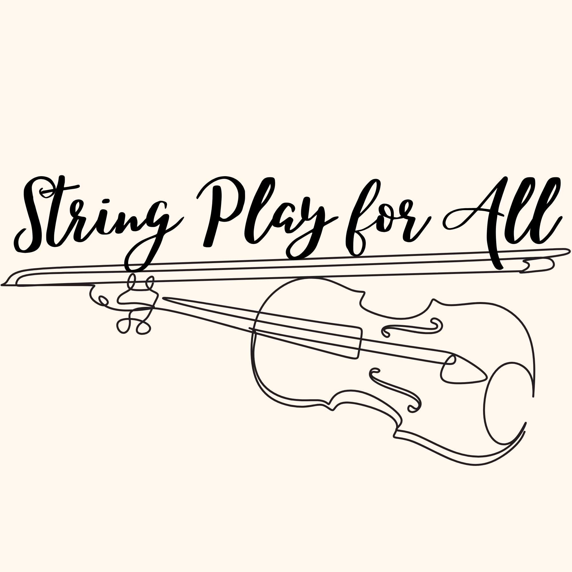 Close-up of a sign with the phrase 'Standing Play for All' written in black cursive script on a cream background, with a stylized black illustration of a violin below the text.
