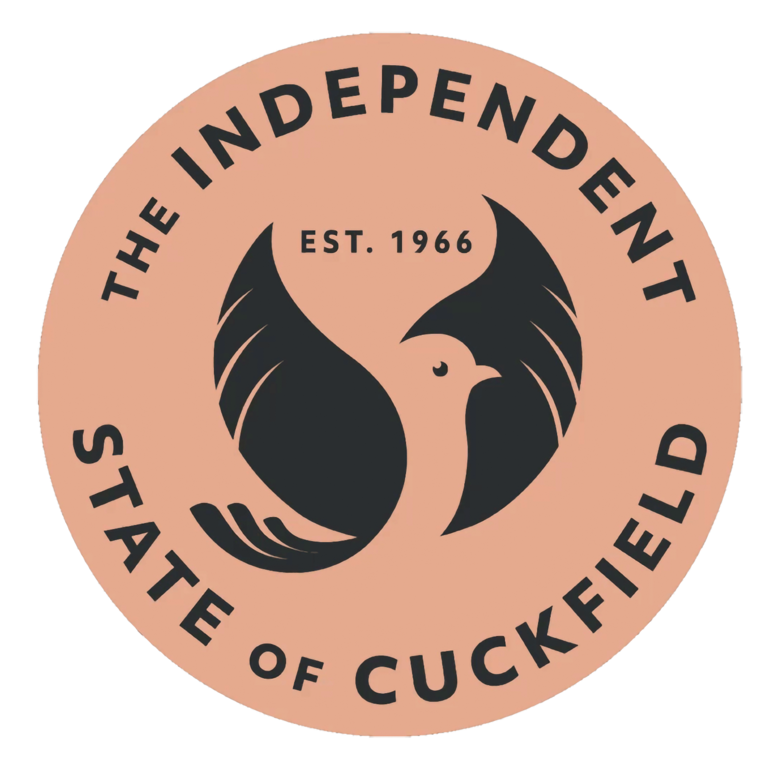 A circular logo with a peach background, featuring a black stylized bird at the center with wings raised. The text reads "The Independent State of Cuckfield" surrounding the bird, with "Est. 1966" above the bird.