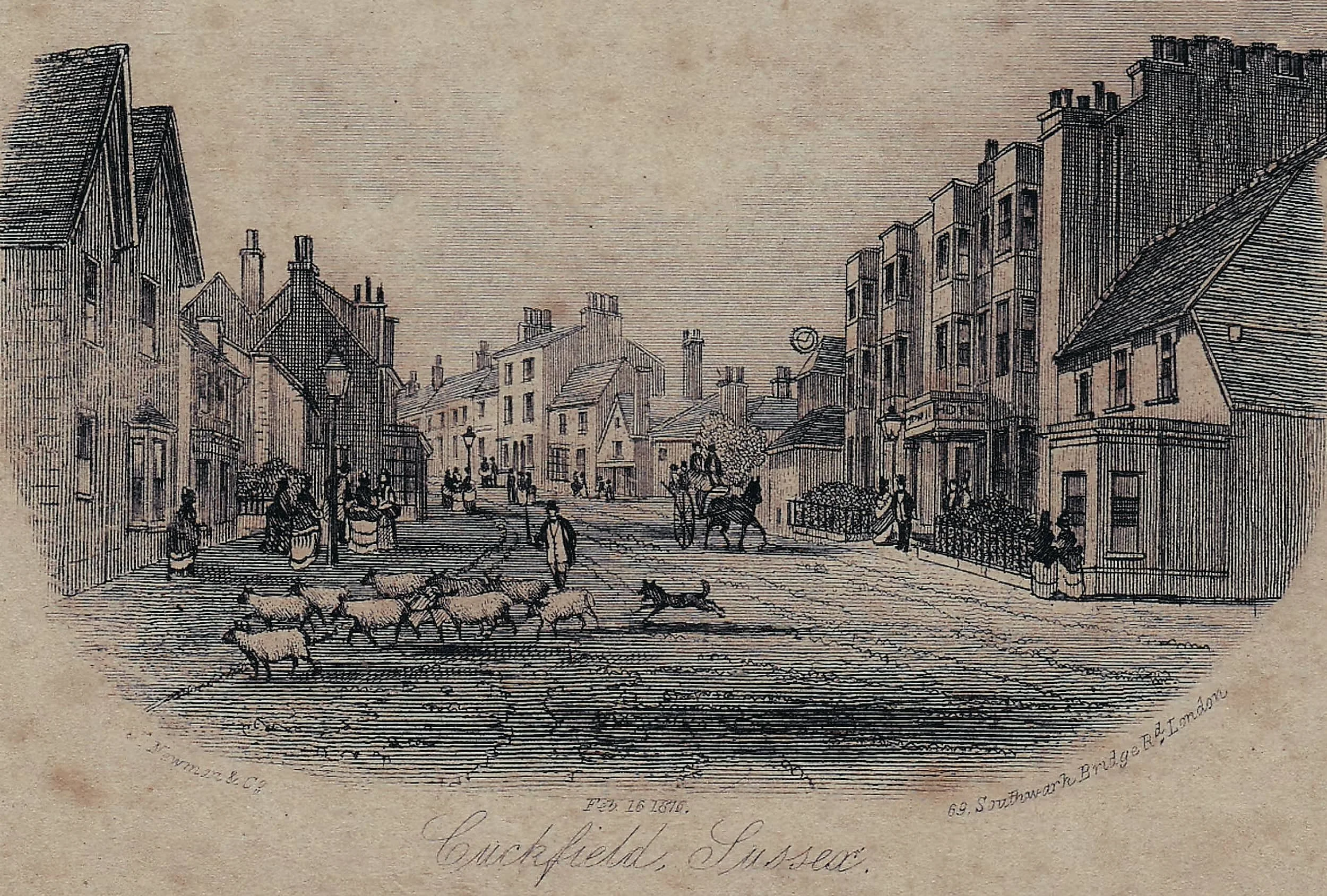 Historical sketch of a town street with buildings, people, goats, and a horse-drawn cart, labeled 'Quickfield, Sussex' from 1816.