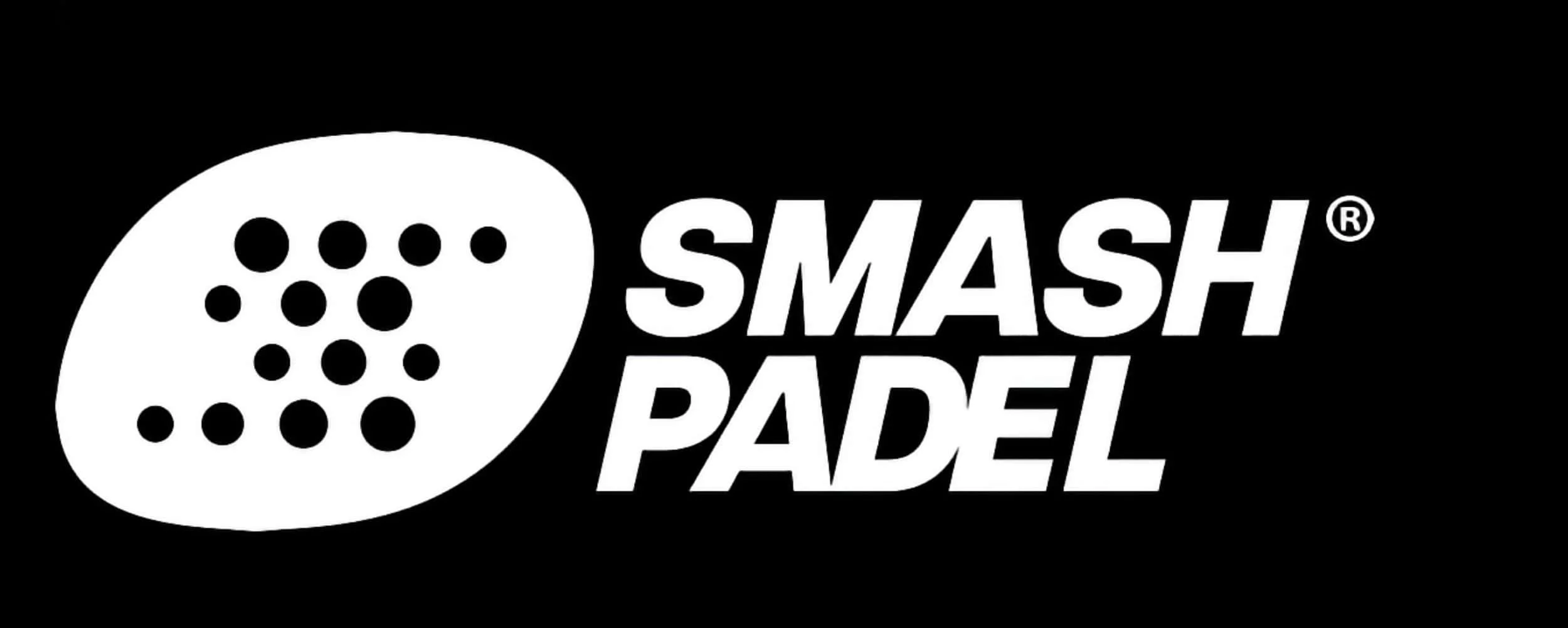 Black background with white logo of a padel racket and text 'SMASH PADDLE'.