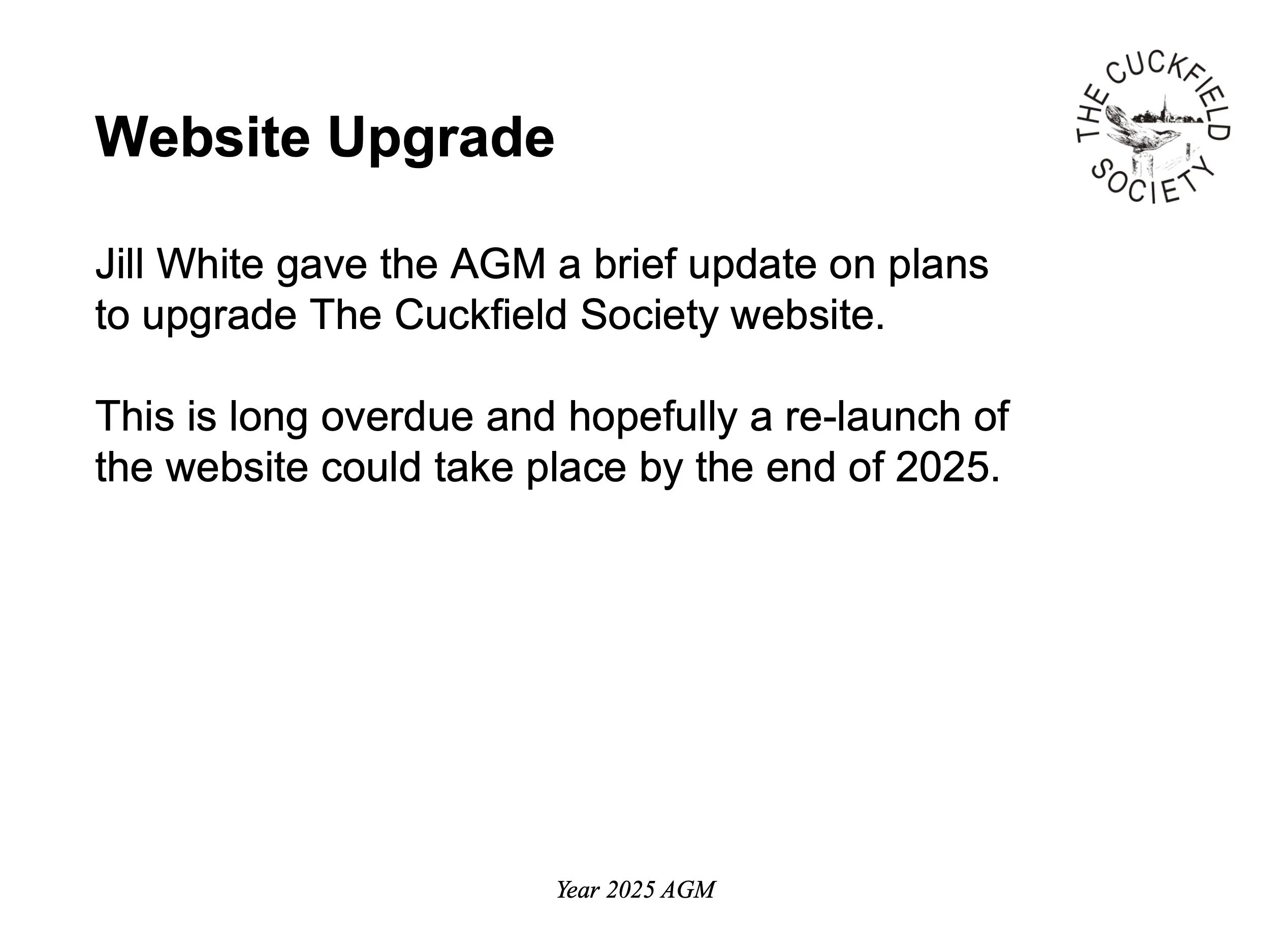 A document titled 'Website Upgrade' from The Cuckfield Society, detailing plans to upgrade the website, with a logo of a bird and a lighthouse, and notes that the project is long overdue with a target of completion by the end of 2025.