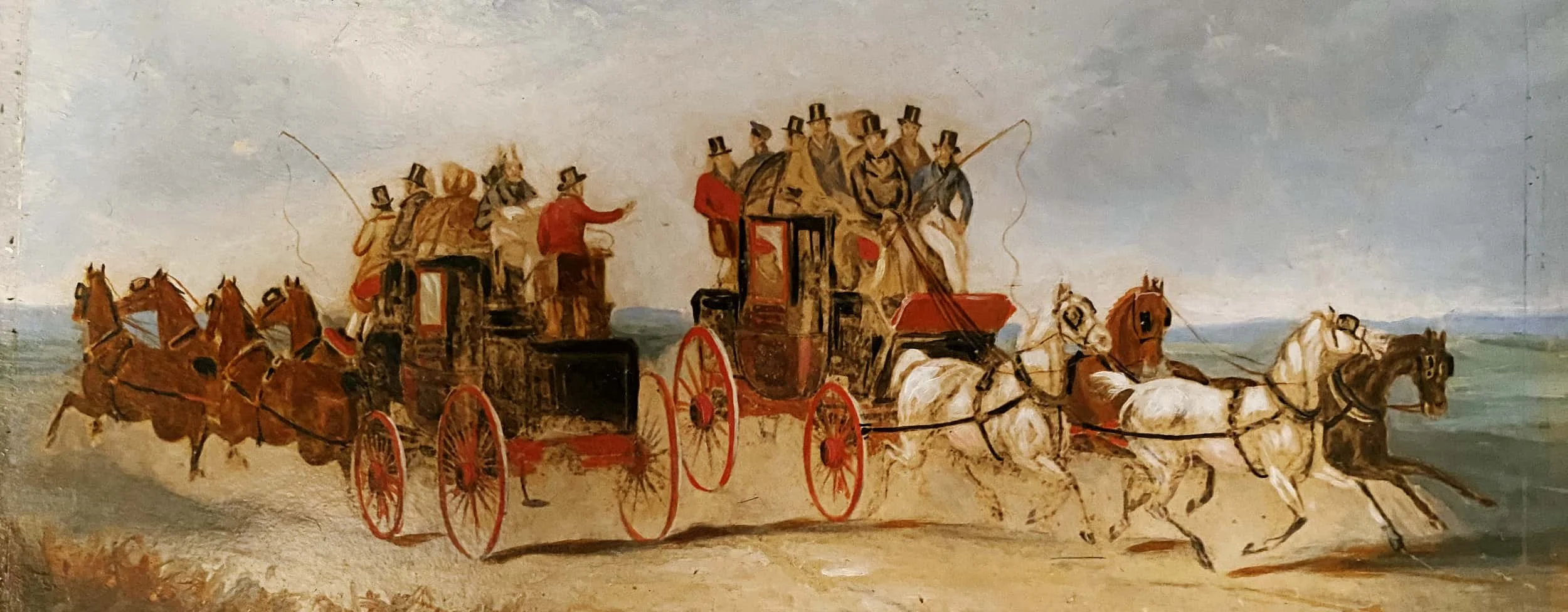 A painting of a horse-drawn carriage with several men dressed in 19th-century attire, including top hats, riding on a dusty road with a cloudy sky background.