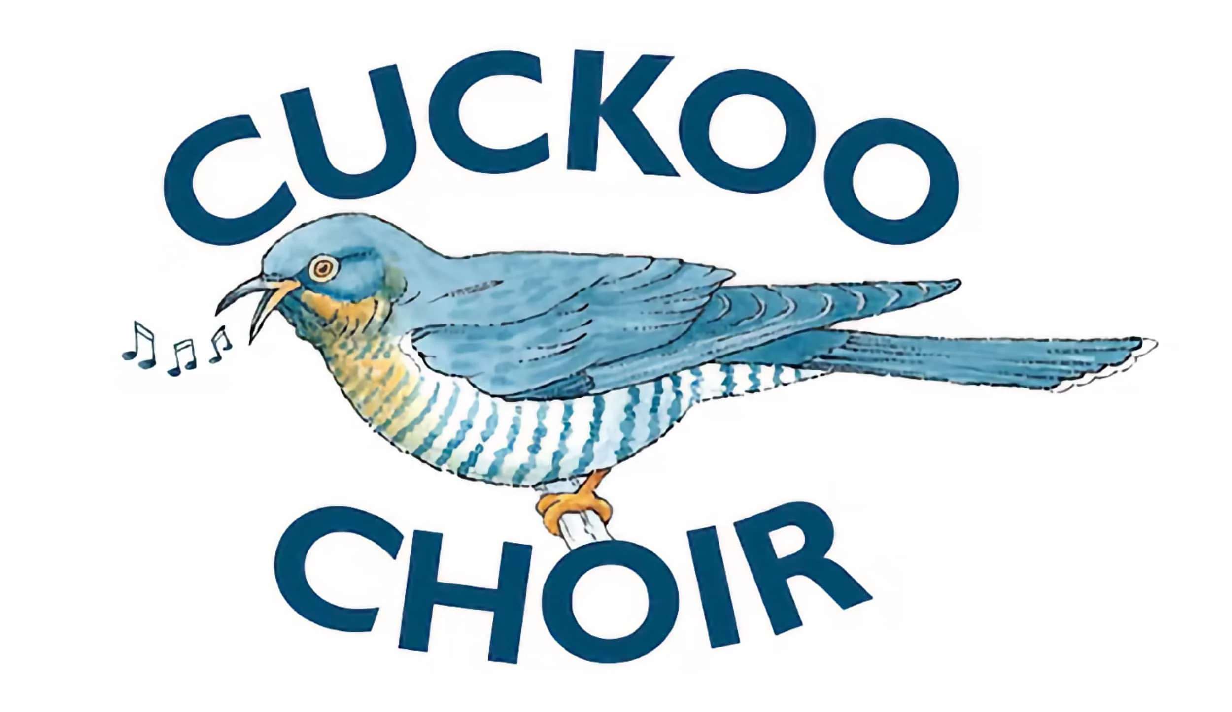Illustration of a blue bird singing, with musical notes nearby, and the words 'CUCKOO CHOR' in large blue letters above and below the bird.