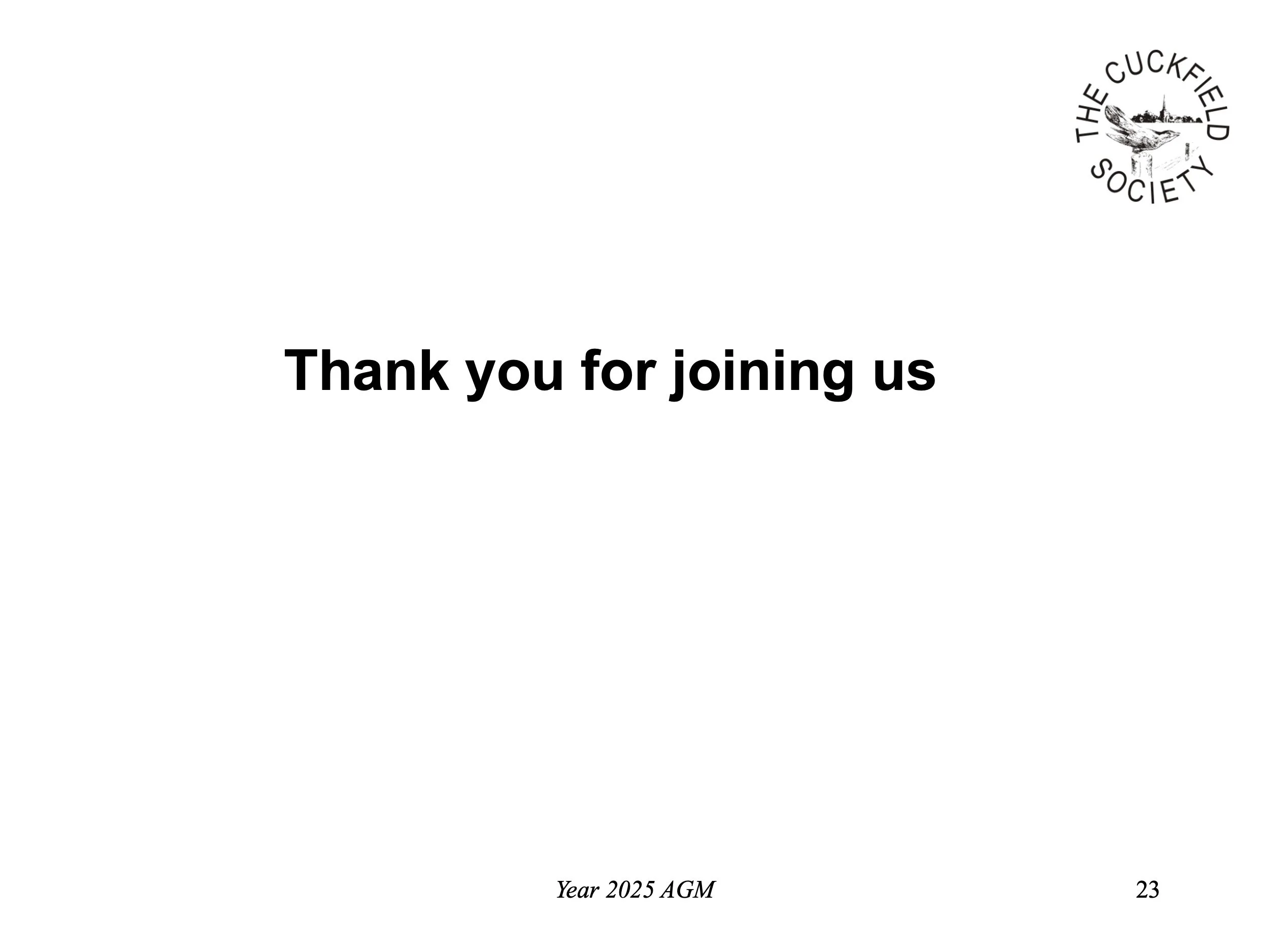 Thank you message slide from a presentation with the logo of 'The Cuckfield Society' in the top right corner, year 2025 AGM, and page number 23.