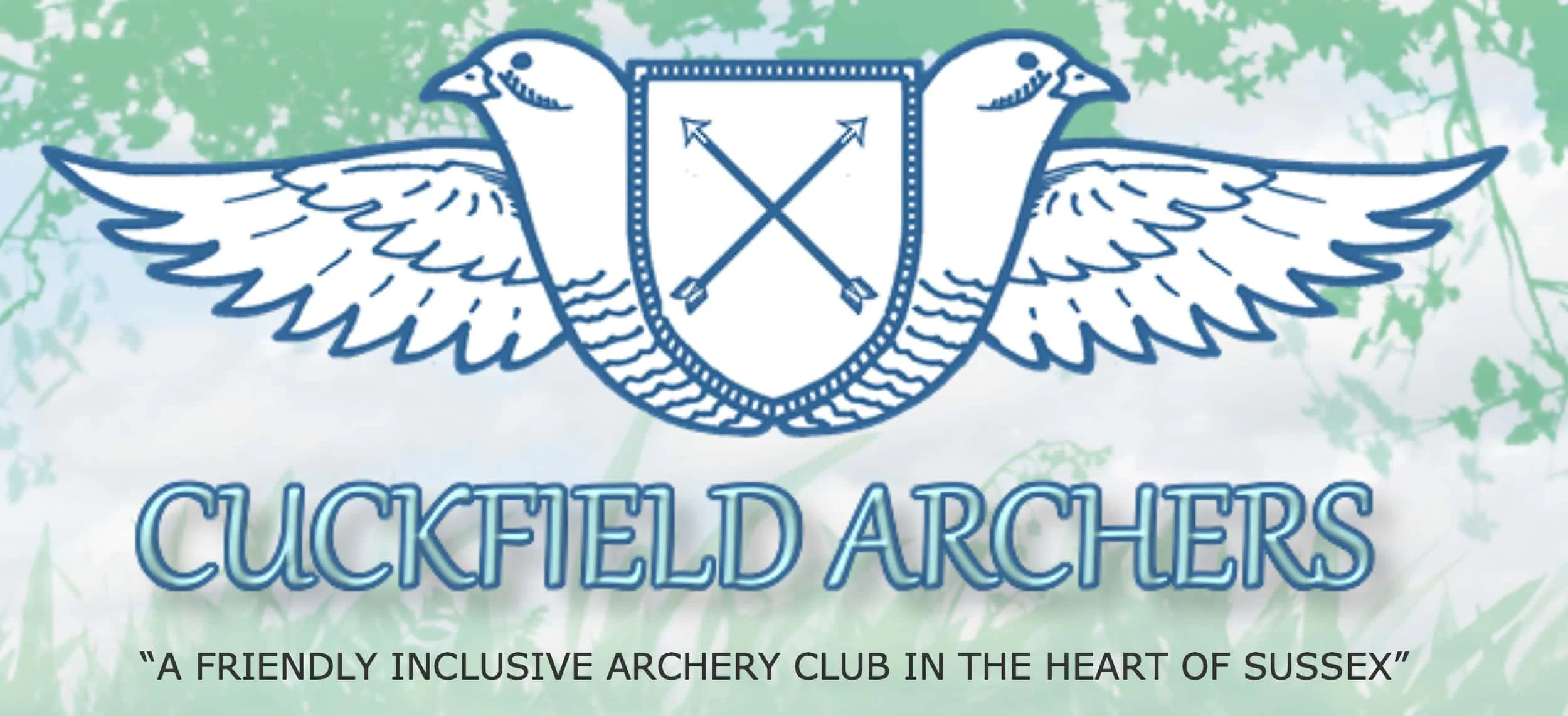 Logo of Cuckfield Archers, a friendly inclusive archery club in Sussex, featuring a shield with crossed arrows and two flying birds with open wings on a background of green foliage.