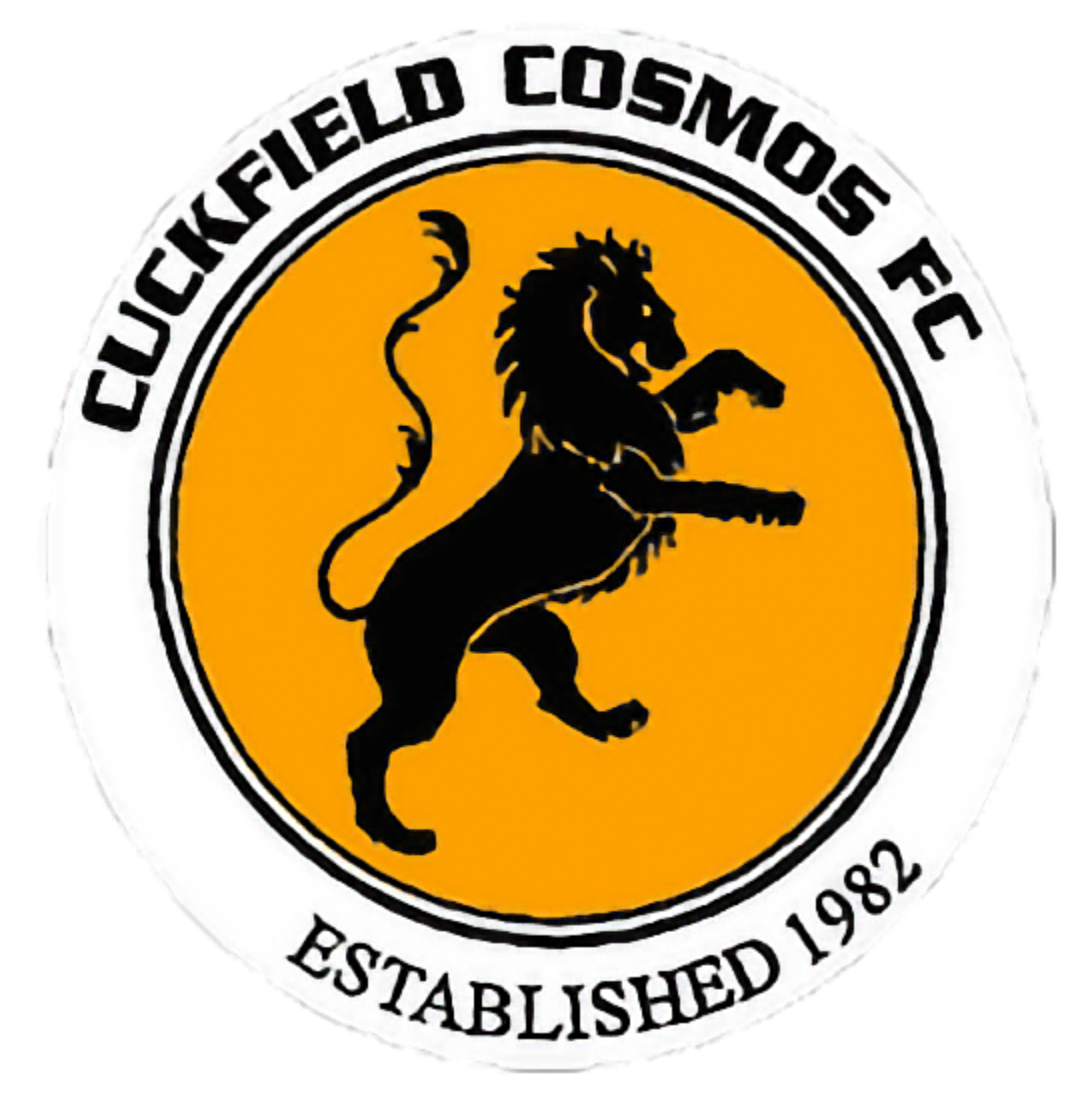 The logo of Cowickfield Cosmics FC features a black lion with a mane standing on its hind legs, holding a sword, on an orange circular background. The logo is encircled by a white ring with black text reading 'Cowickfield Cosmics FC' at the top and 'Established 1982' at the bottom.