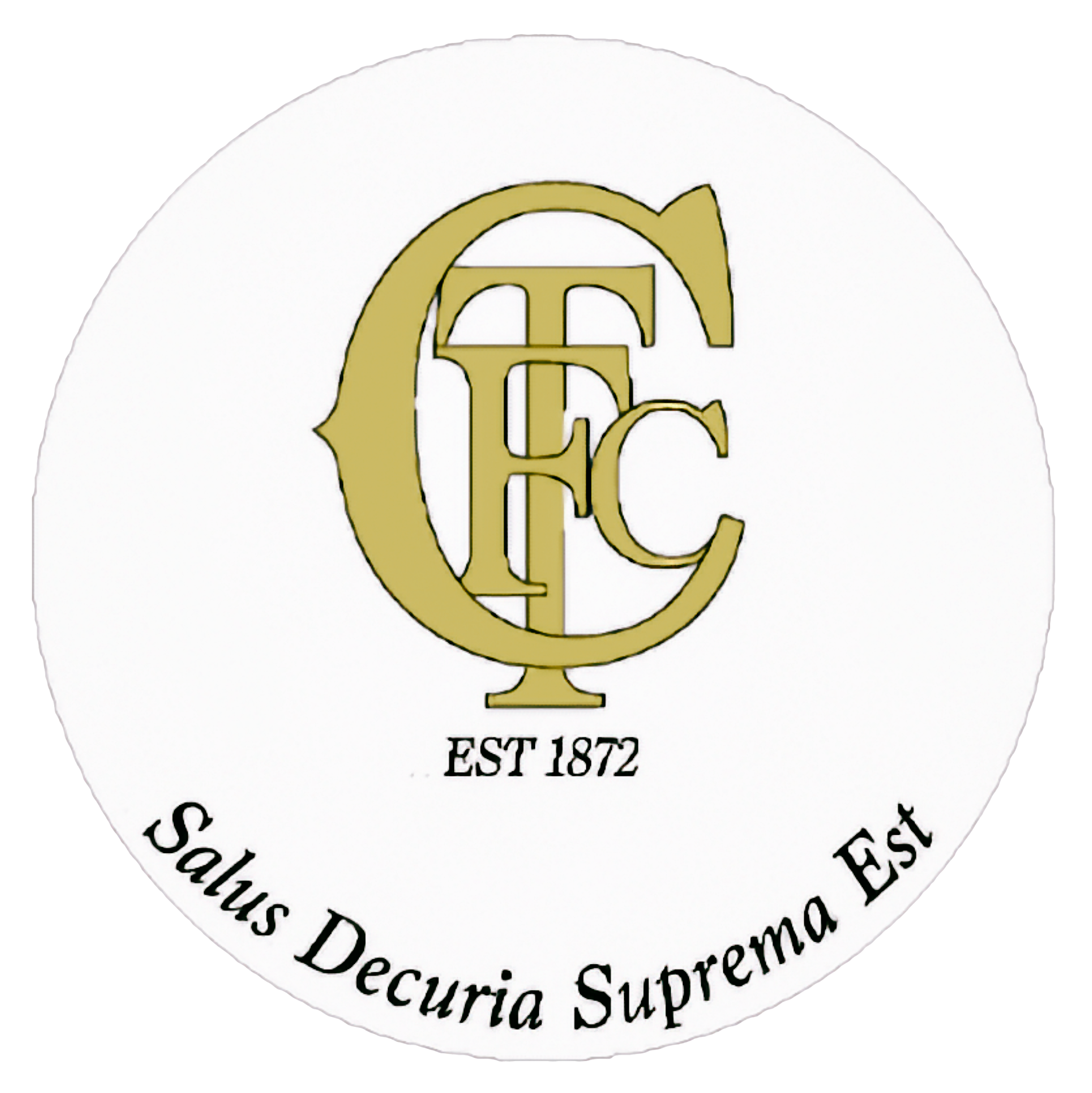 A circular emblem with the initials 'C', 'F', and 'C' intertwined in gold, and the Latin motto 'Salus Decuria Suprema Est' at the bottom, with 'EST 1872' underneath the initials.
