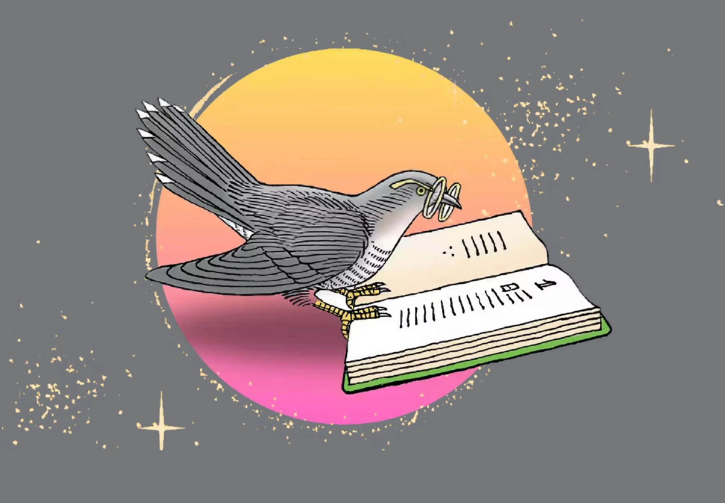 An illustration of a bird with glasses sitting on an open music book against a colorful background with a pink and yellow circle and stars.