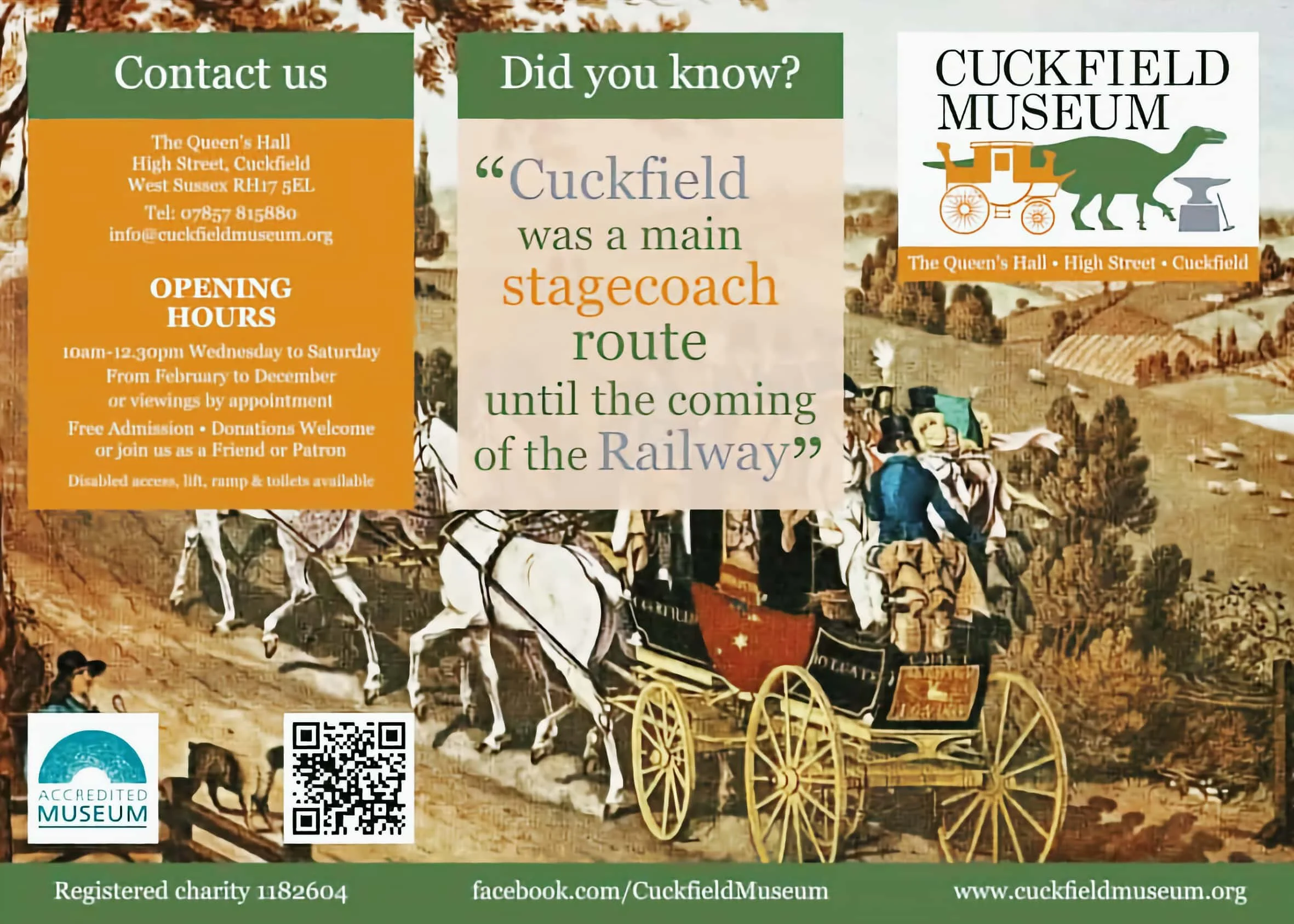 A vintage illustration of a horse-drawn Victorian era stagecoach with people, set against a rural landscape with rolling hills and trees, used as promotional material for the Cuckfield Museum.