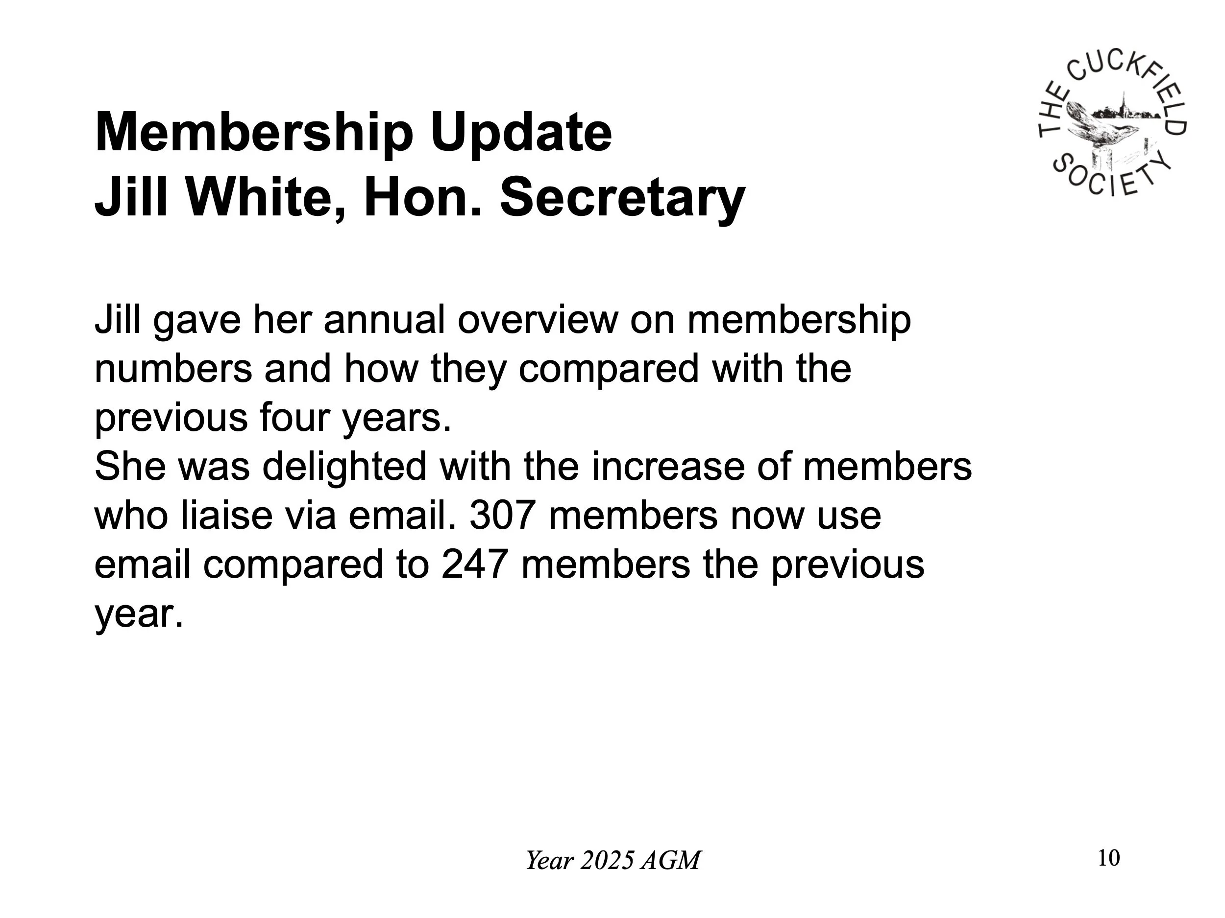 A slide titled 'Membership Update Jill White, Hon. Secretary' with a logo of the Cuckfield Society in the top right corner. The slide contains text summarizing an annual membership overview and email usage statistics, with a footer labeled 'Year 2025