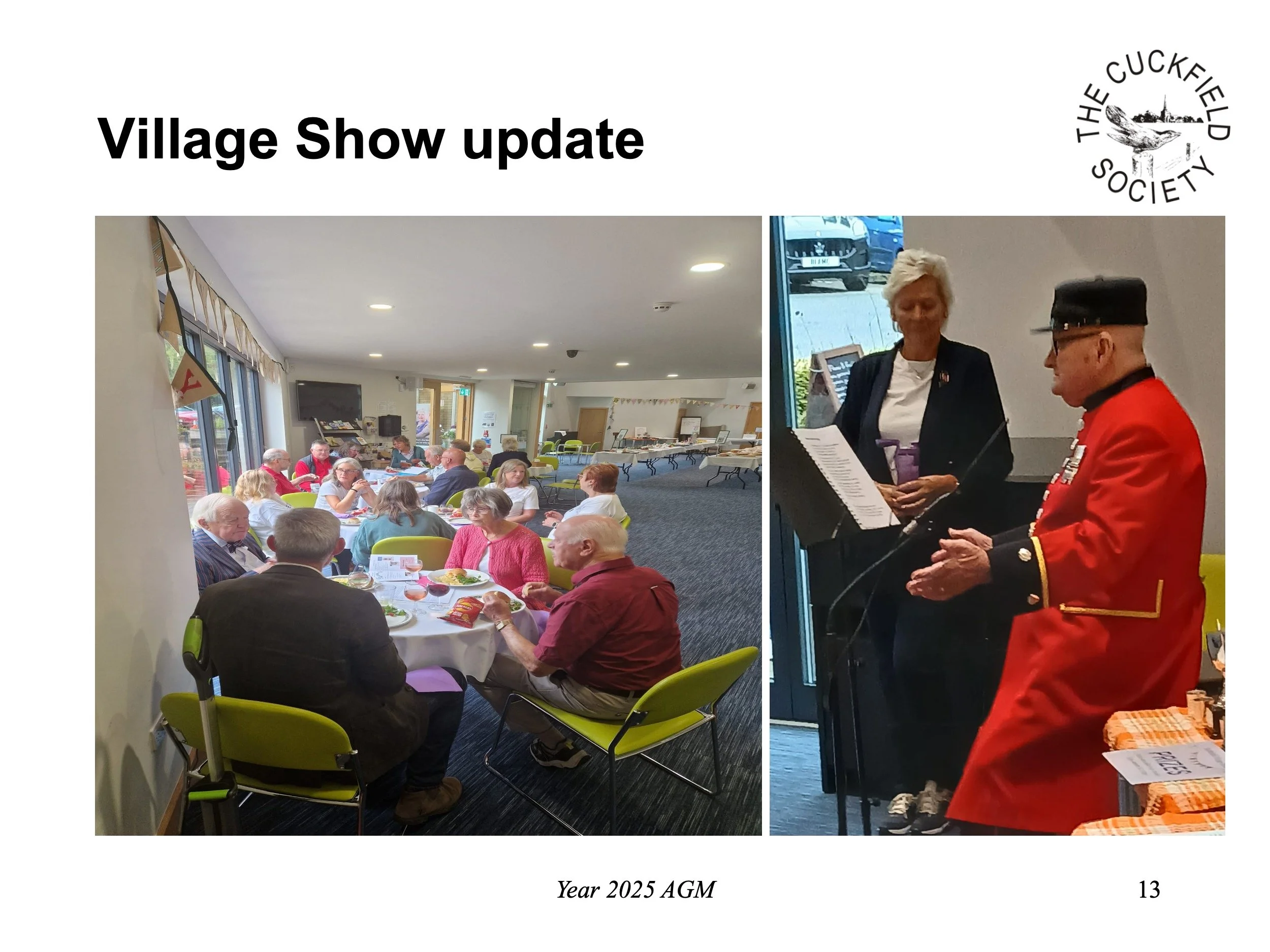 Slide showing a community gathering with people dining at tables and a picture of a speech or presentation at the event.