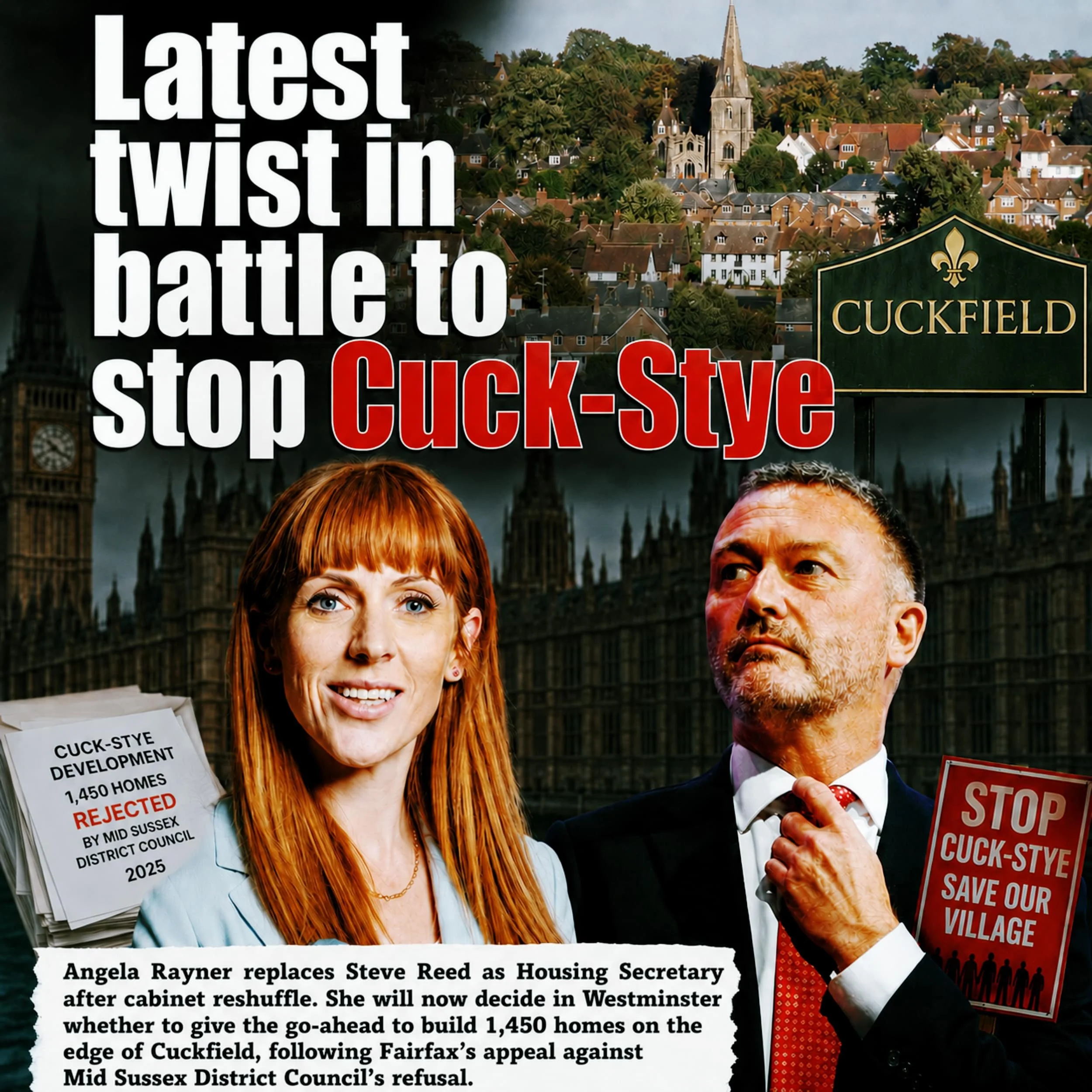 A woman with red hair holding a stack of papers and a man with gray hair holding a protest sign that says 'Stop Cuck-Styfe Save Our Village' during a protest. There is a background of a town with houses and a church, and a billboard that says 'Cuckfield'.