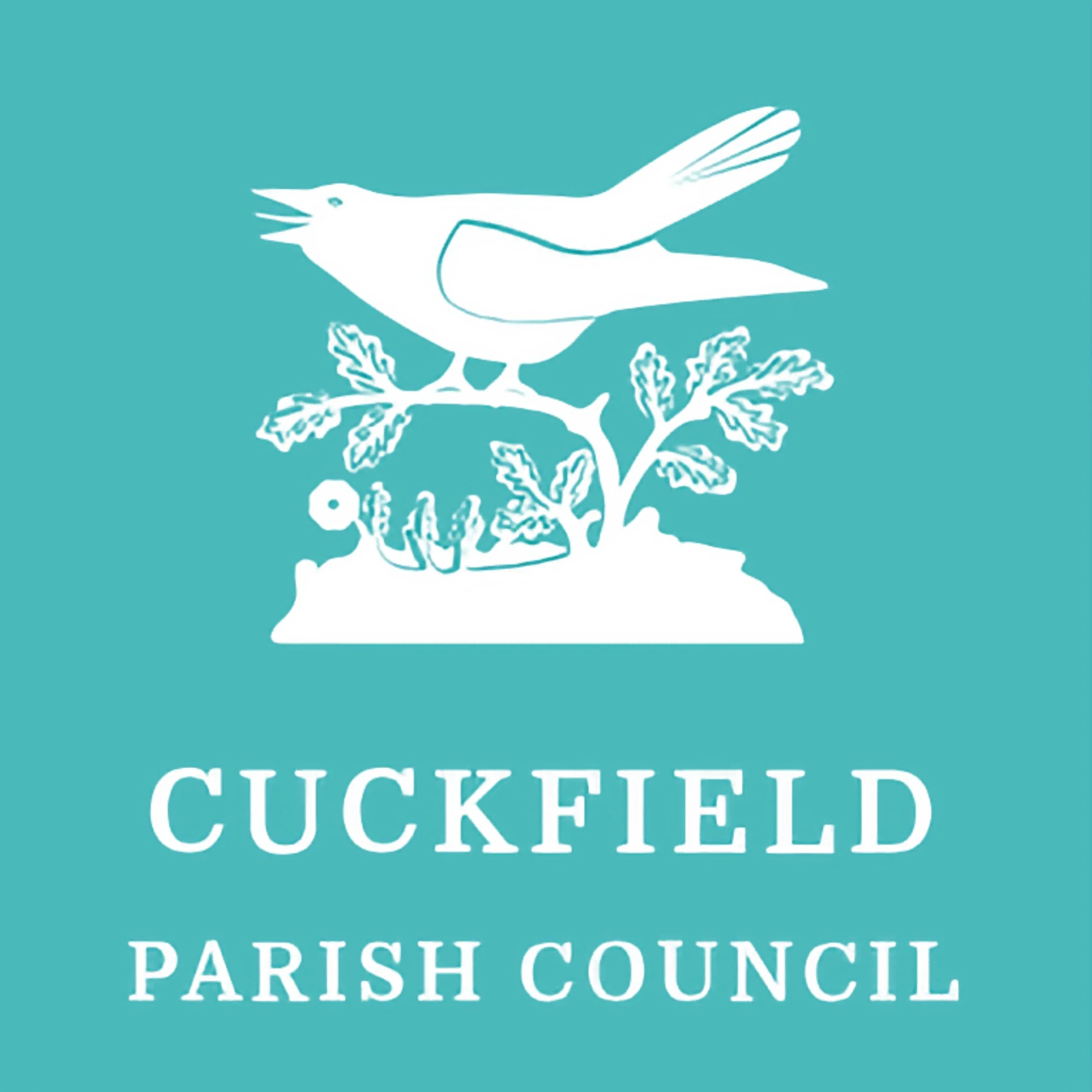 Logo for Cuckfield Parish Council featuring a white bird perched on a branch with leaves, set against a teal background, with text below reading 'Cuckfield Parish Council'.