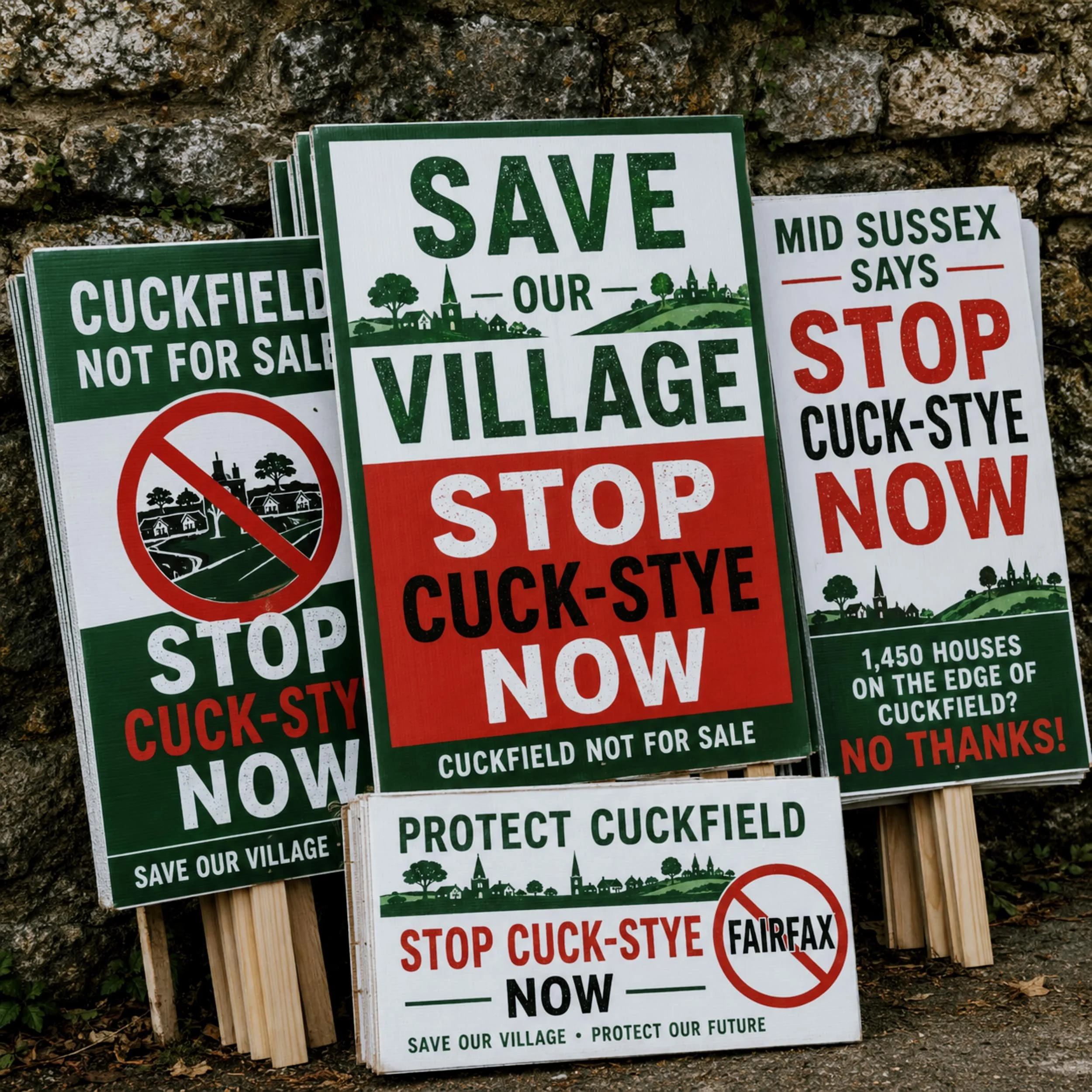 A collection of protest signs with messages to save a village and oppose development, featuring green, white, red, and black colors, placed against a stone wall with some greenery.